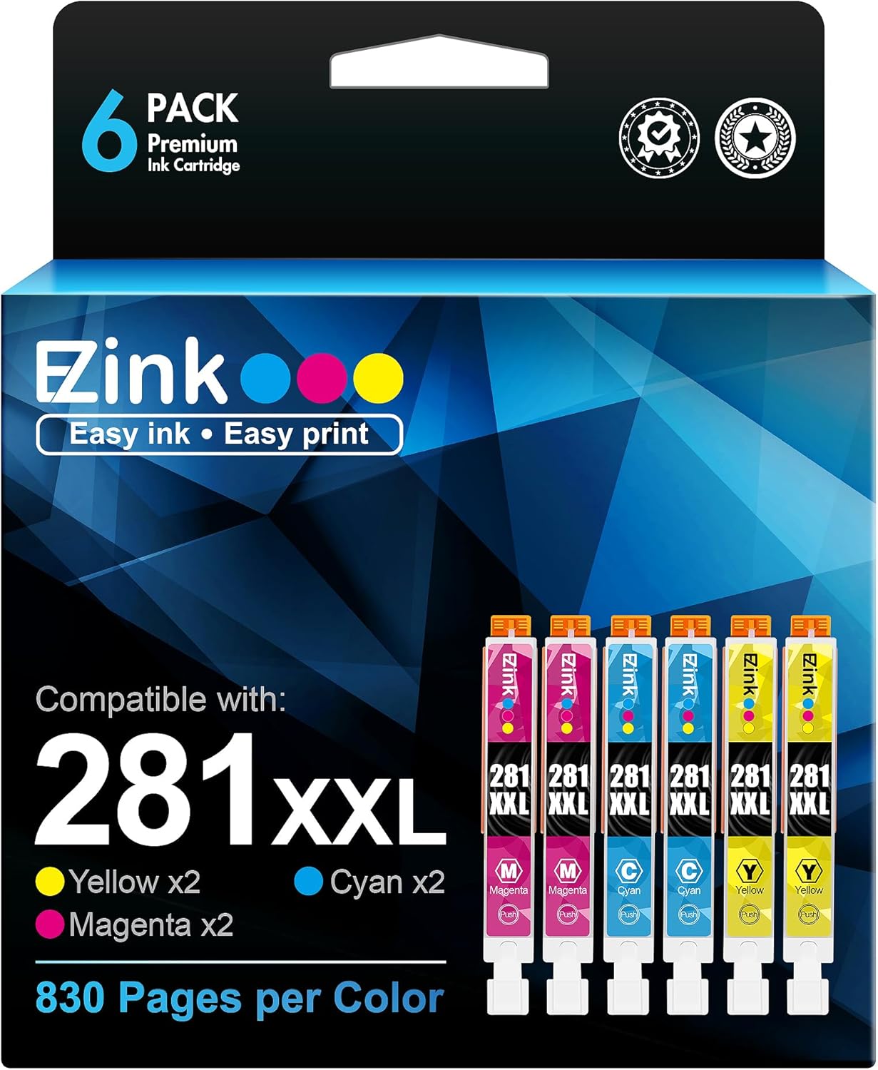 E-Z Ink Compatible Ink Cartridge Replacement for Canon CLI-281XXL 281 XXL for PIXMA TR7520 TR8520 TS6320 TS6120 TS6220 TS8120 TS8220 TS9120 TS9520 TS9521C Printer (Cyan, Magenta, Yellow) 6 Pack