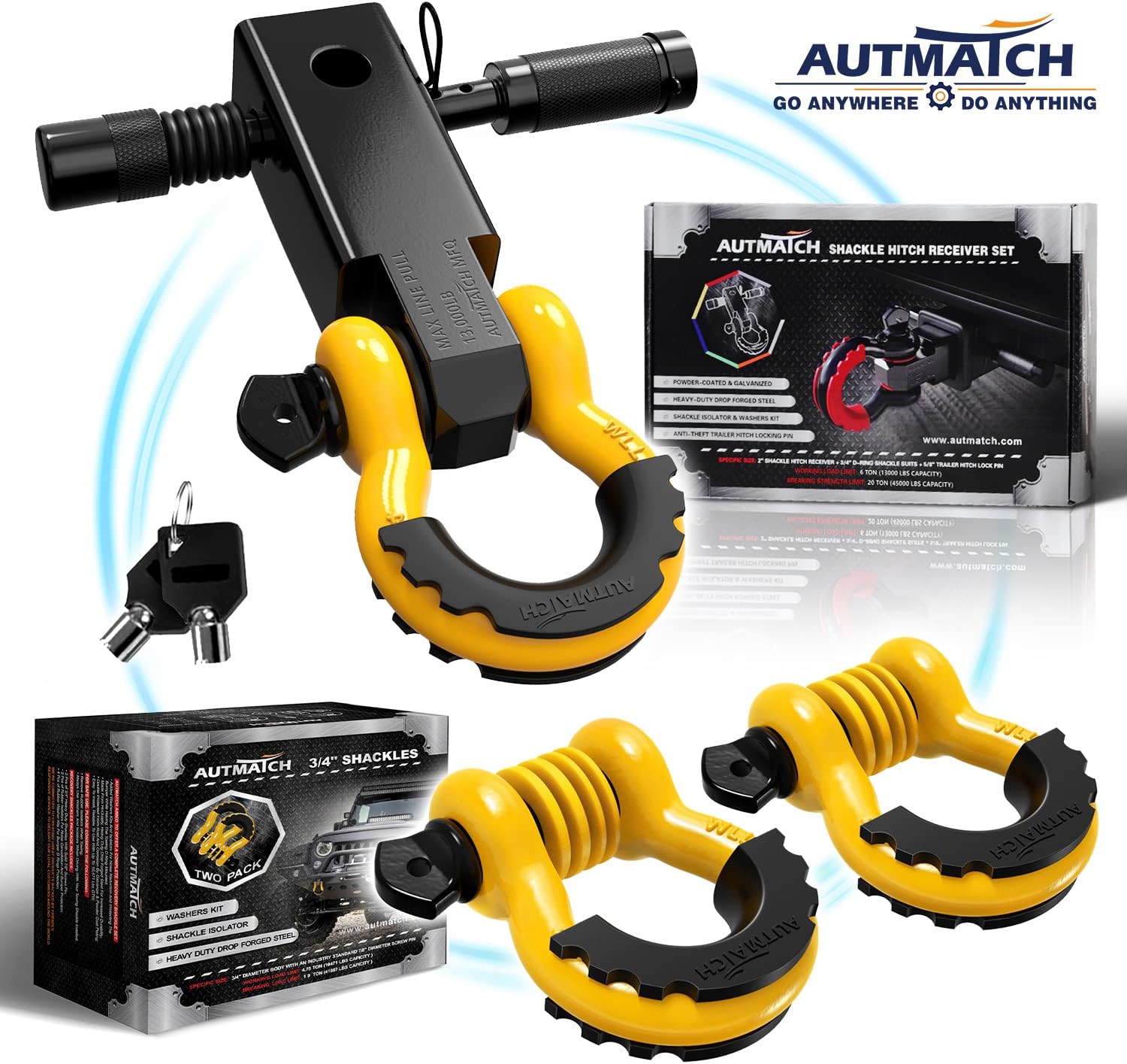 AUTMATCH Shackles 3/4" D Ring Shackle and Shackle Hitch Receiver 2 Inch with 5/8