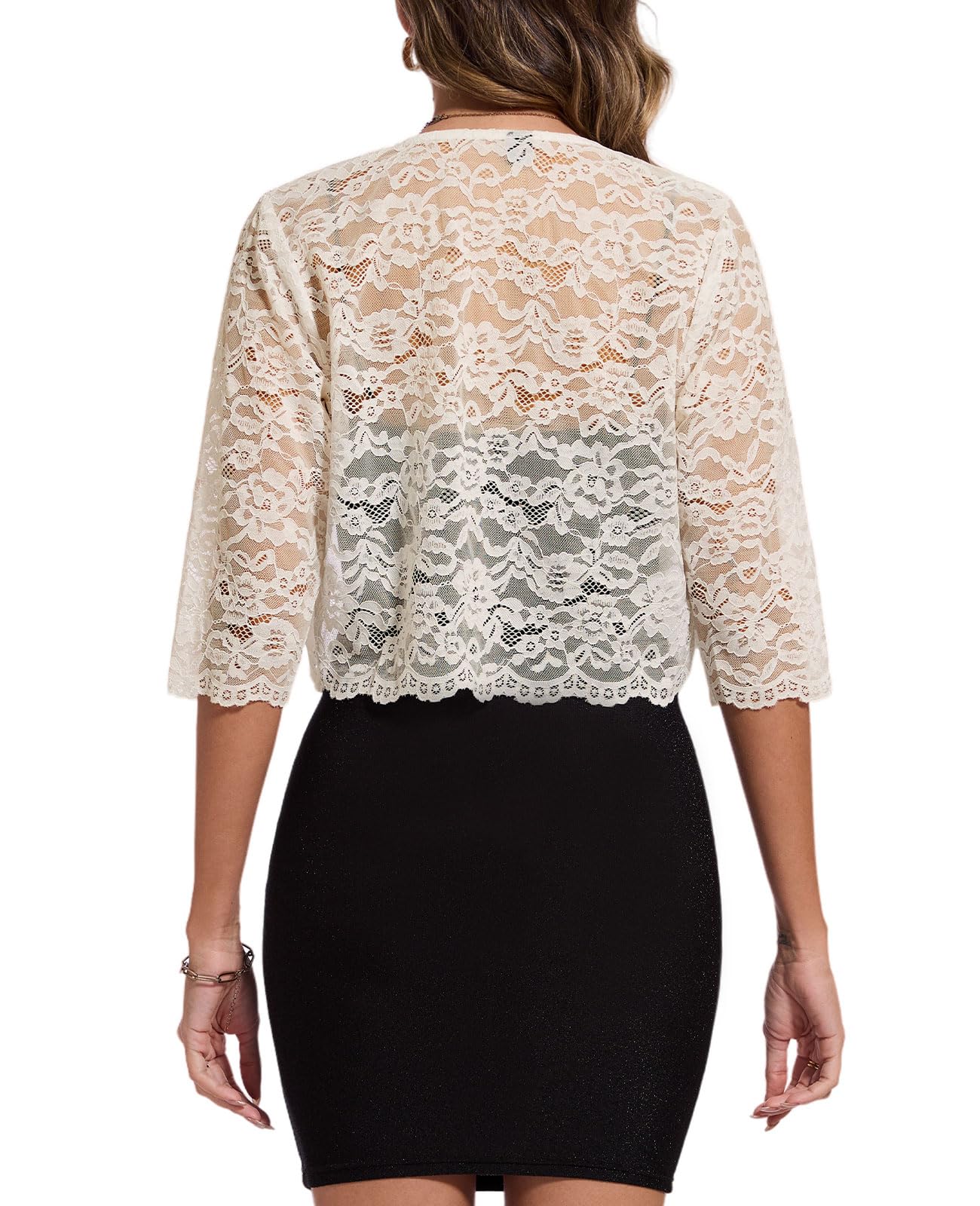 Bolero in pizzo con maniche a 3/4, coprispalle da donna, cardigan coprispalle elegante per matrimoni con bottone a gancio