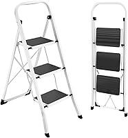 HBTower 3-Step Folding Ladder Stool for Adults - Anti-Slip Wide Pedals, 330 lbs Capacity, Safety Handrail, White for Kitchen & Home