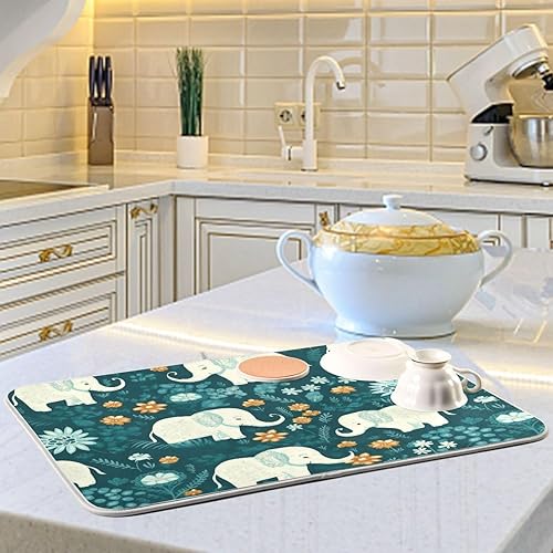 Miniatura 6 de Cute and Flowers Elephants Dish Drying Mats for Kitchen Counter, Quick Drying Coffee Mat, Reversible Kitchen Drying Mat for Kitchen Countertop Decor