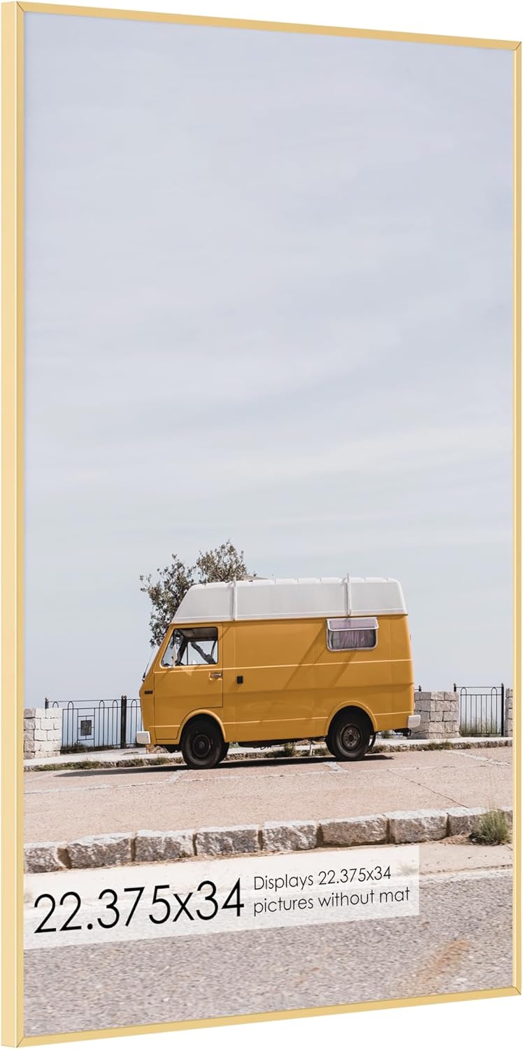 22.375x34 Metal Picture Frame without Mat, Brushed Aluminum Finish, Tempered Glass Front, and Attached Hanging Hardware - Versatile Wall Display Frames for Vertical or Horizontal Orientation( Gold, Gold 22.375x34- 1P