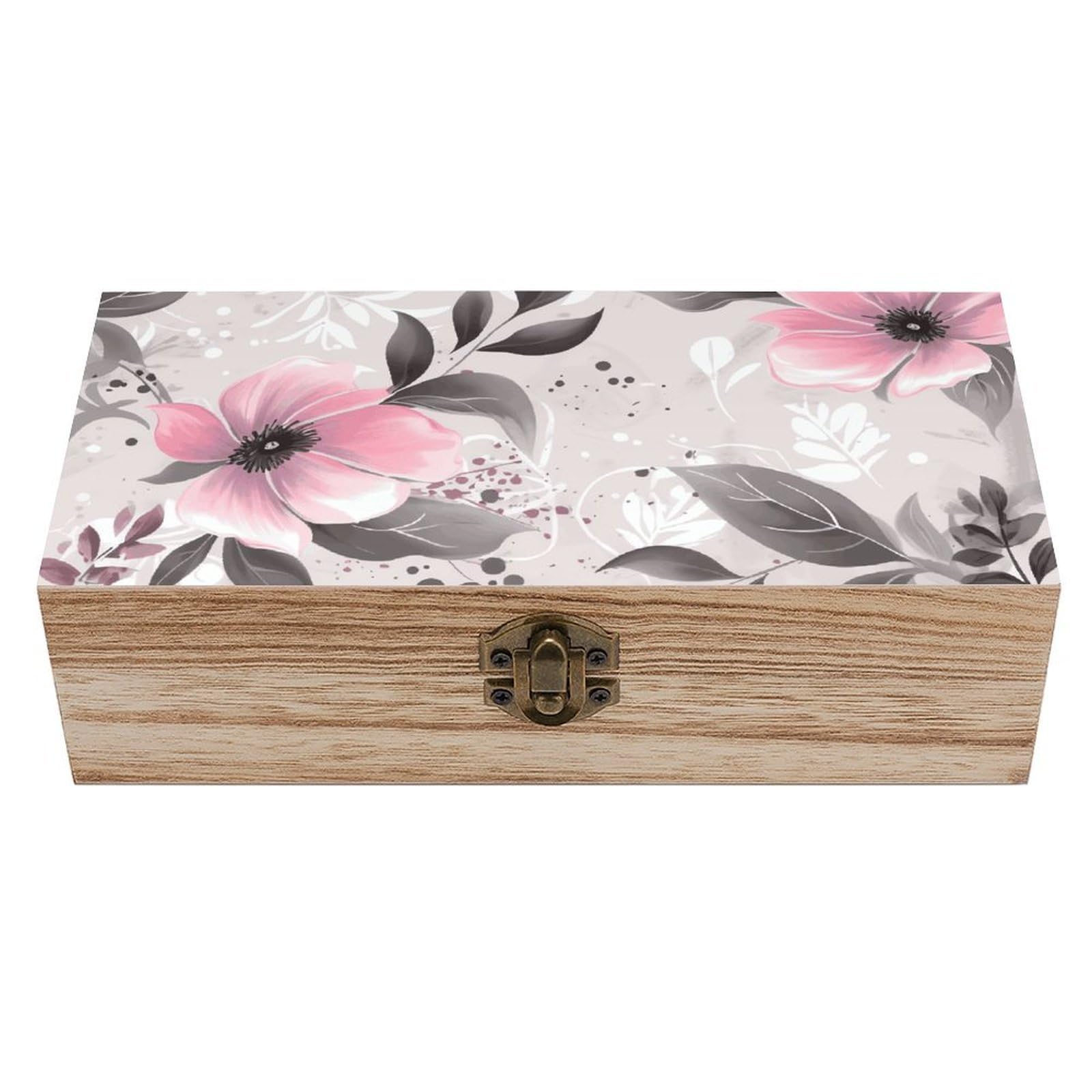 LZQPOEAS Pink Flowers And Leaves on Gray Wooden Storage Box Small Decorative Box with Hinged Lid Handmade Elegant Keepsake Storage Box for Jewelry, Photos, Trinkets, Letter Gifts, Small Heirlooms