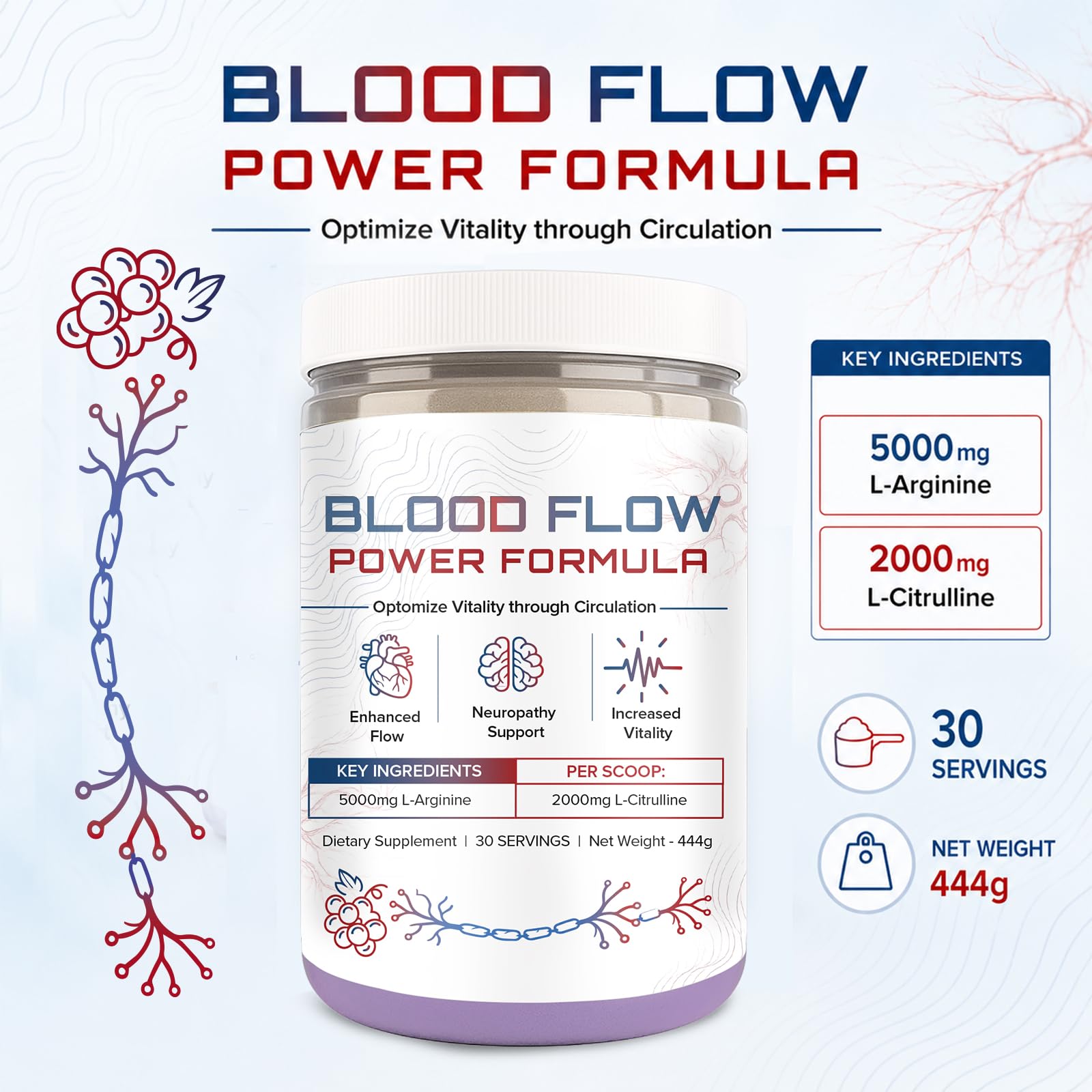 The Blood Flow Power Formula Neuropathy Drink Powder, High Concentration of L ‘Arginine and Citrulline, to Boost Circulation and Support Neurological Health – 444 Grams/30 servings — Amazon image 3