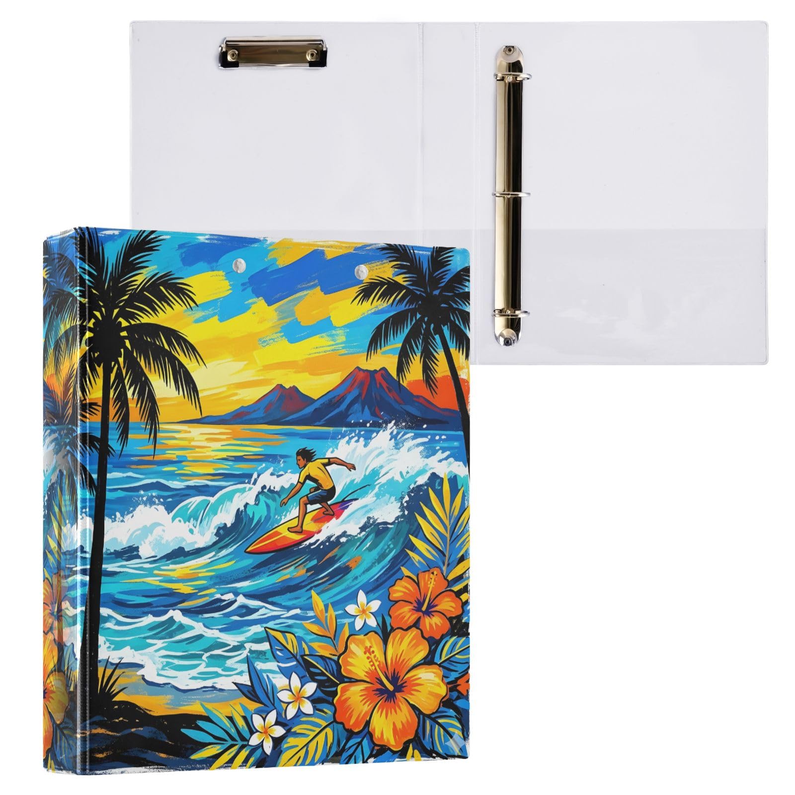Raccoglitore a 3 anelli per surf estivo, 3,8 cm, con clip in metallo antiscivolo, contiene 200 fogli, 3 raccoglitori ad anelli