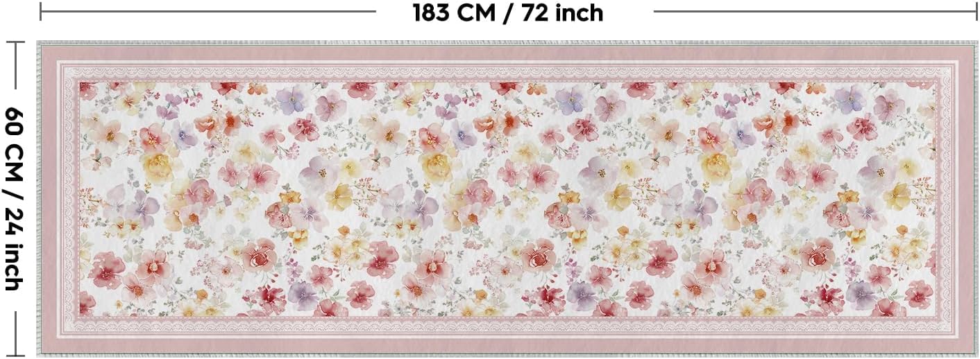 Artoid Mode Pink Watercolor Flower Spring Runner Rug, Summer Home Decor Low-Profile Non-Slip Washable Carpet Runner for Hallways Kitchen Laundry Bedroom Bathroom 2x6 Feet