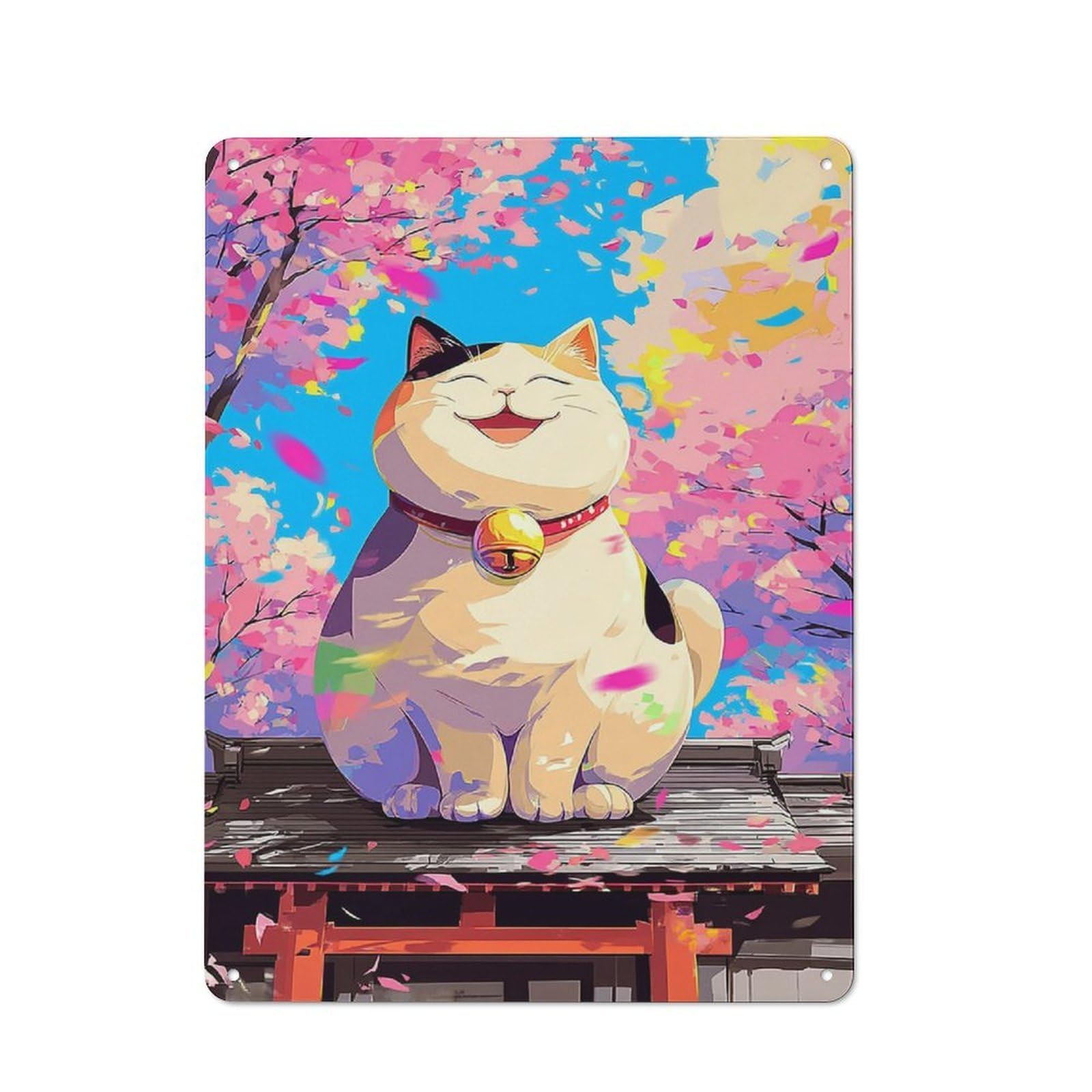 Junmoney Cherry Blossom Festival Cat For Garden Room Or Summerhouse, Rustic Tin Sign 40X30cm, Wall Decor For Garden Rooms And Summerhouses