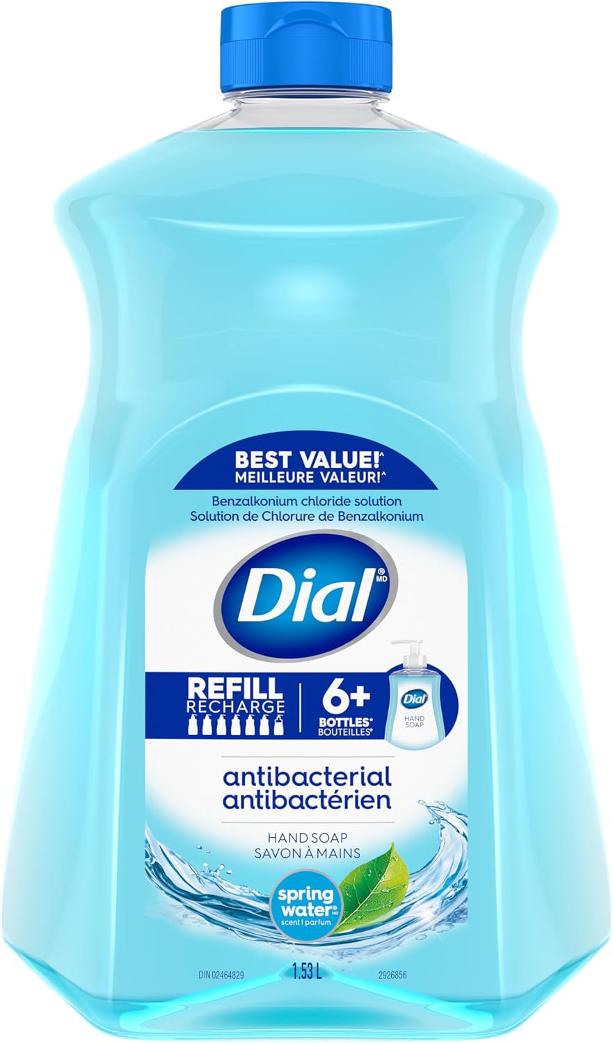 Dial Antibacterial Liquid Hand Soap Refill, Spring Water Scent, 1.53 Litres, Dermatologist Tested, pH Balanced, Free from Silicones, Parabens, Phthalates, SLES/SLS