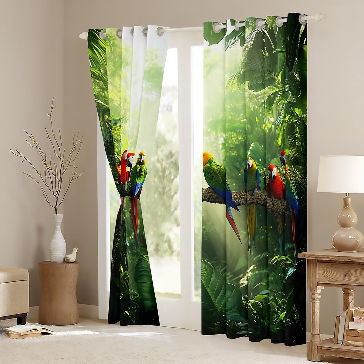 Colorful Parrot 42"Wx84"L 2 Panels Curtains Green Jungle Birds Curtains & Drapes for Kids Boys Girls,Botancial Nature Tree Branches Blackout Curtains Flying Parrot Birds Wildlife Window Treatments