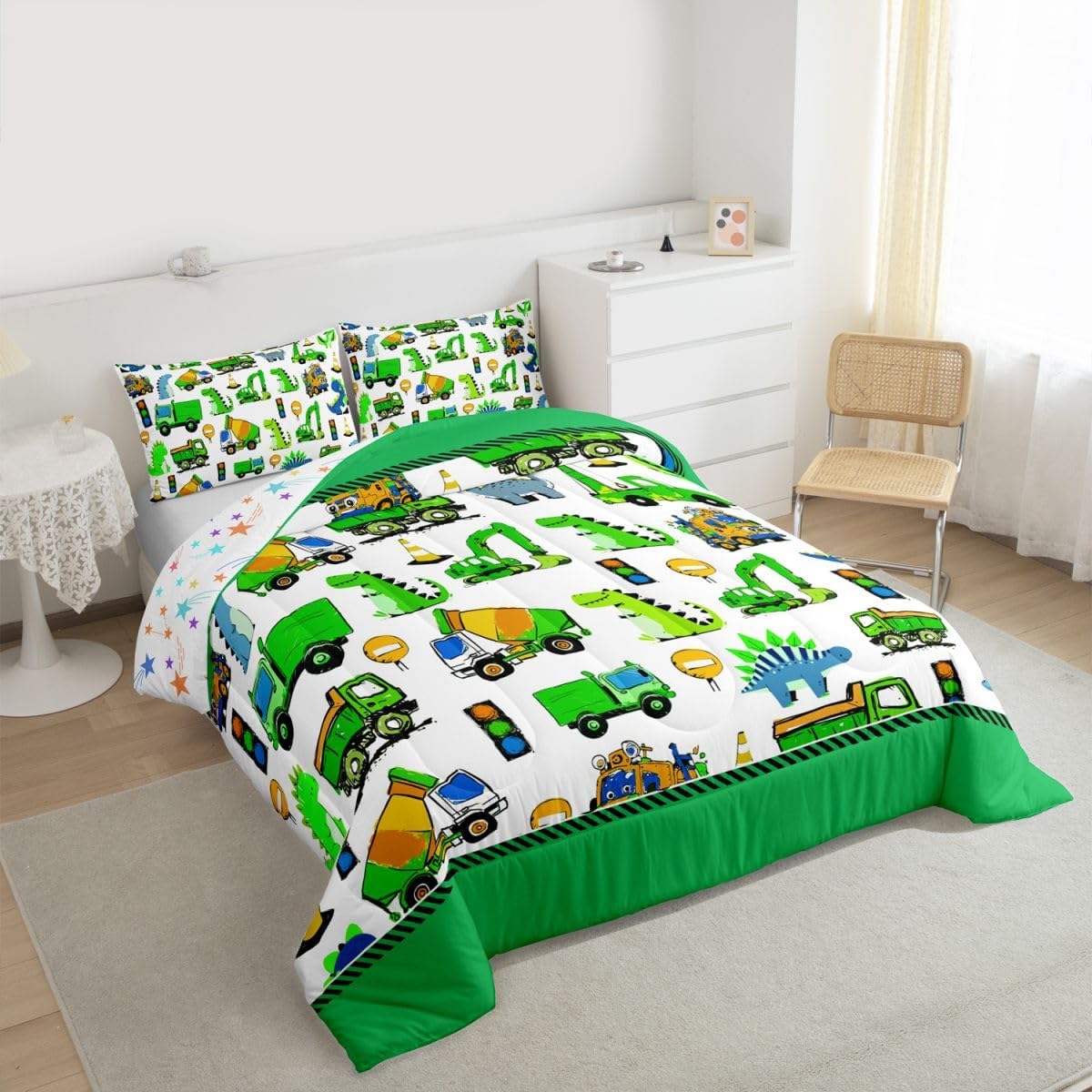 Feelyou Kids Construction Comforter Set Queen Boys Cute Cartoon Dinosaur Comforter for Toddler Super Soft Equipment Trucks Car Bedding Set Machinery Truck Dino Quilt Set Room Decor Duvet Set