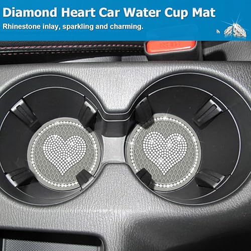 Miniatura 5 de AICEL Posavasos para automóvil con diseño de corazón, 2 unidades, universales, de 2.75 pulgadas, con diamantes de imitación brillantes, tapete
