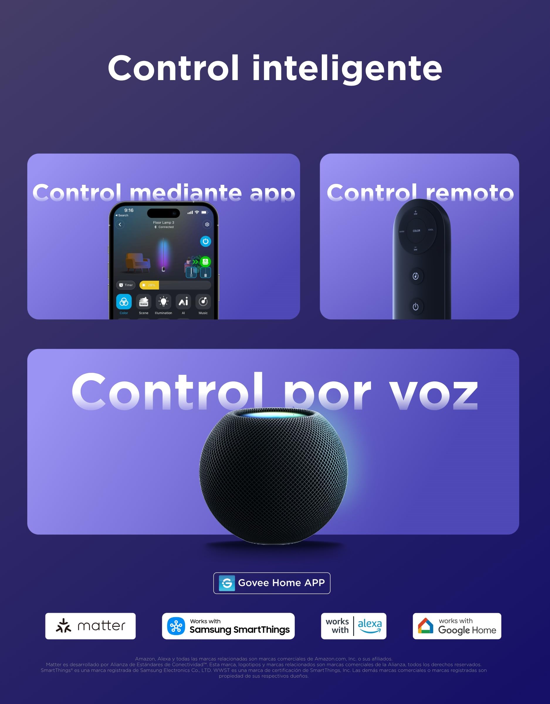 Govee RGBIC Lampara de Pie 3, Luces LED Compatible con Alexa y Matter, 152cm Luce Regulable 2100lm con Control Remoto y APP, Sinc Musica, 82 Modos de Escena, Lampara Salon, Dormitorio y Cama, Negro