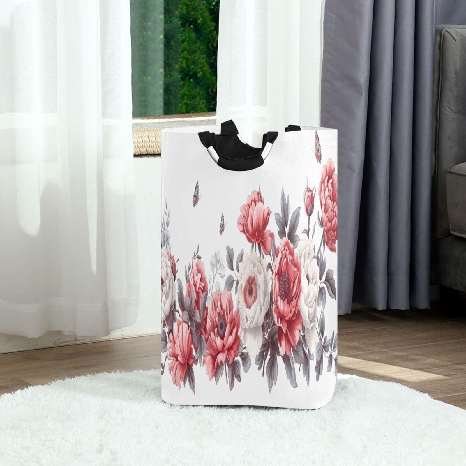 Jihqo Laundry Hamper Basket Flowers and Butterflies Collapsible Nursery Storage Bin Waterproof Clothing Baskets for Home Bedroom Bathroom Washing Room