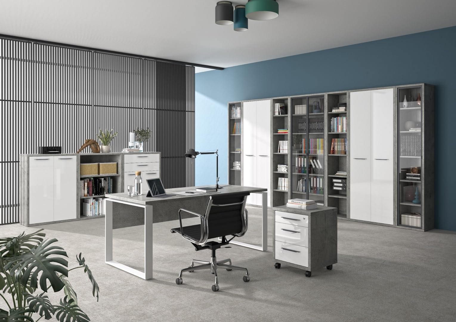 Composad | Scrivania della Linea DISEGNO con gambe in metallo, Scrivania PC Moderna, (LxAxP) 170x74,50x80 cm, Colore Grigio Cemento e gambe Bianco, per Ufficio, Studio, Made in Italy