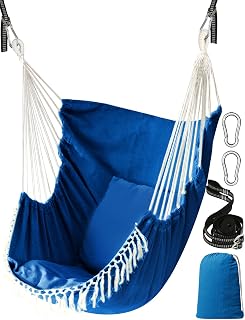 Chihee Columpio Colgante para Silla con Hamaca 2 Cojines,Correas de Malla Fuertes y Ganchos para Colgar fácilmente,algodón Suave Silla Colgante Bolsillo Lateral Juego de Silla borlas Comodidad