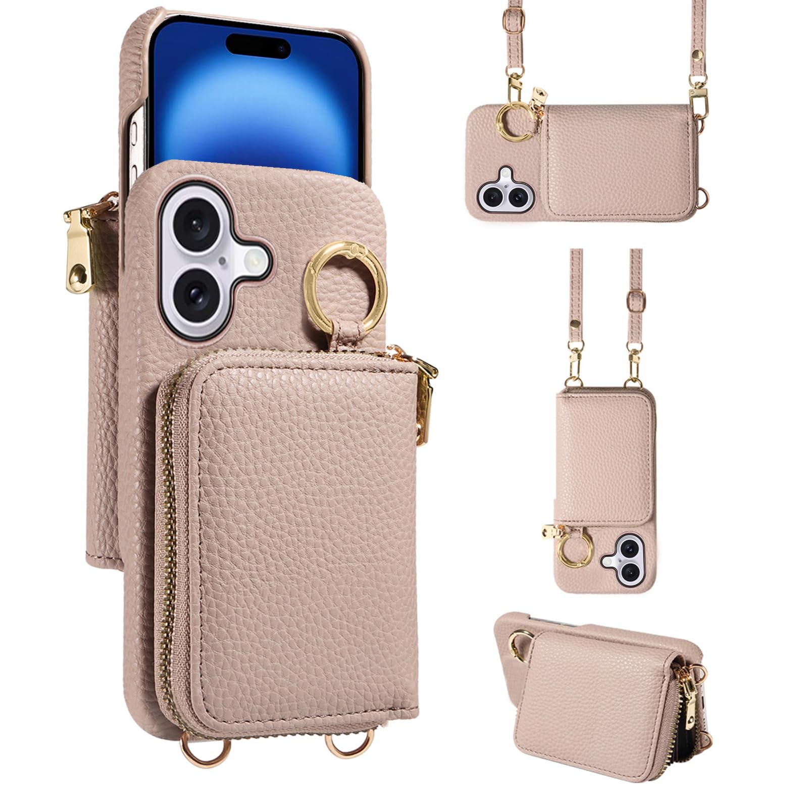 Furiet Wallet Case for iPhone 16 Plus 6.7 inch with Shoulder Strap Ring Buckle, Luxury PU Leather Zipper Flip Organ Purse Credit Card Holder Stand