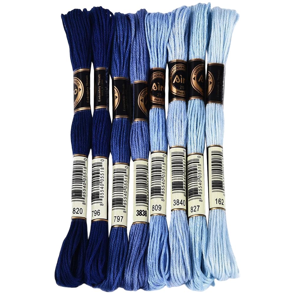 70 Yards 8 Skeins Gradient 6 Strands Blue Embroidery Thread Variegated Friendship Bracelet Floss Cross Stitch String Polyester Threads Bulk Set for Hand Sewing Making Needlecraft DIY Supply