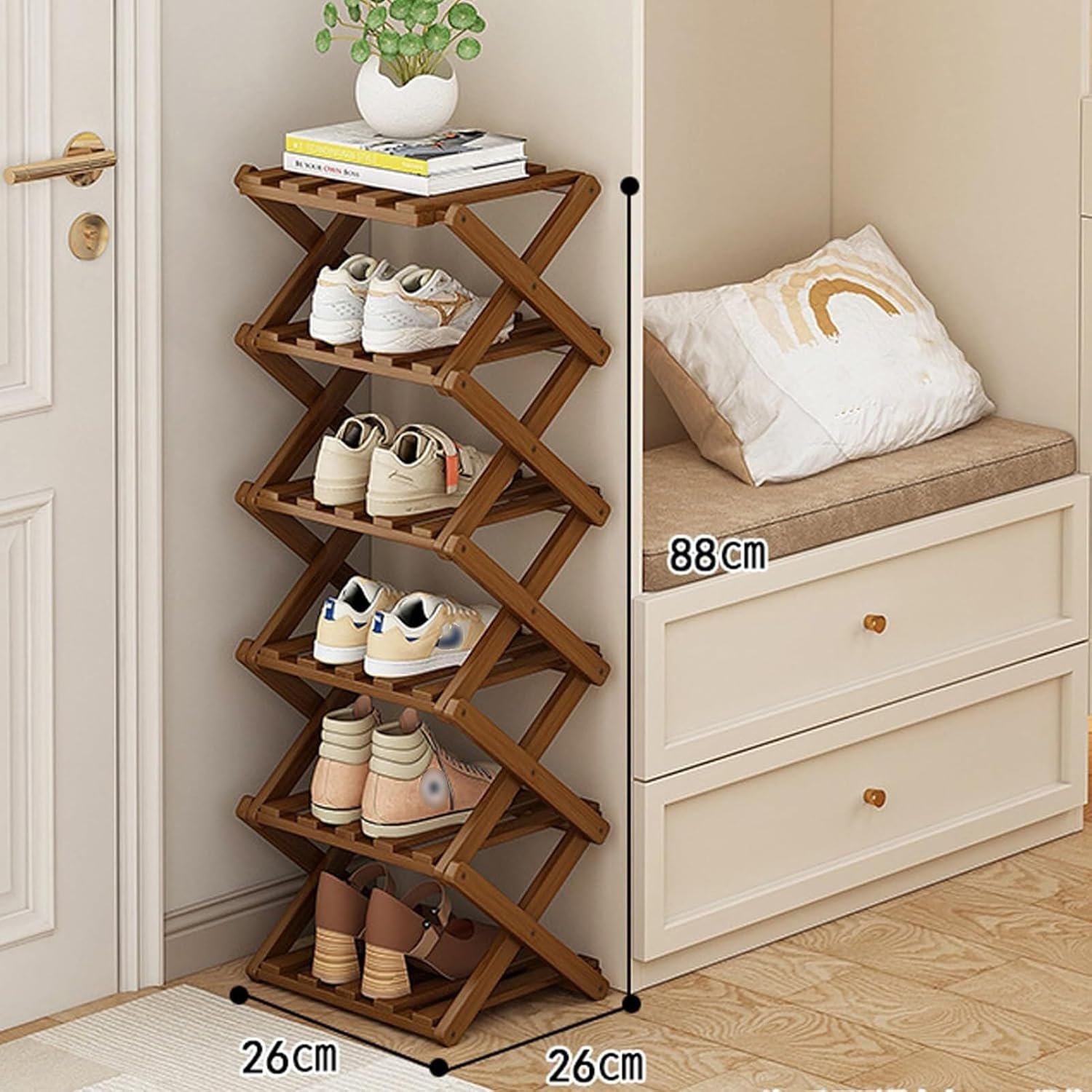Bamboo Folding Shoe Rack — Upright, Narrow, and Compact; No Assembly Required; Foldable Wooden Tiered Shelf for Indoor Use — Ideal for Entryways and Hallways.