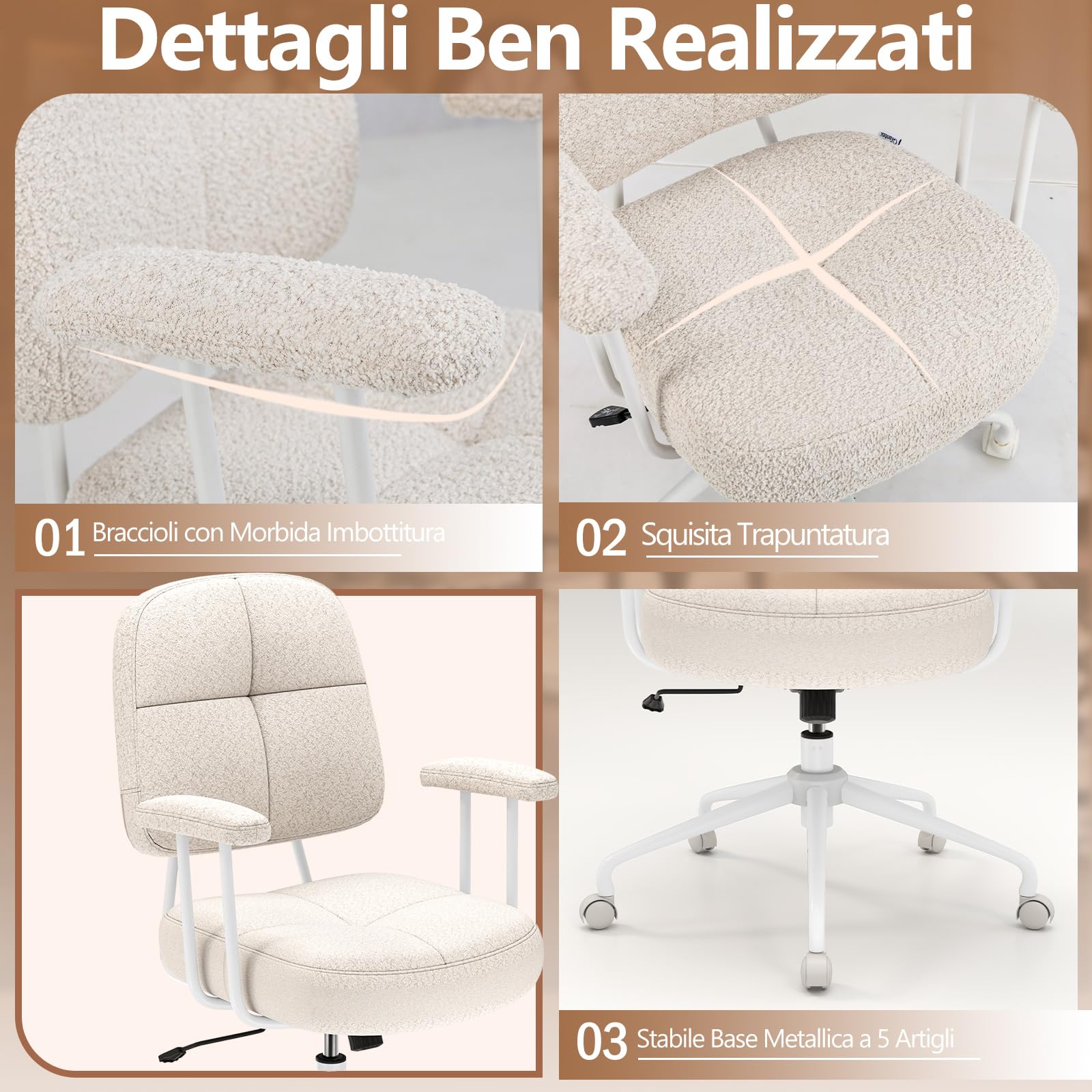 COSTWAY Sedia da Ufficio, con Schienale e Braccioli, Sedia Girevole Regolabile con Funzione a Dondolo e Ruote per Camera da Letto, Studio, Portata 150 kg (Bianco)