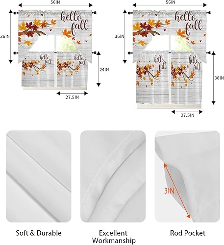 Miniatura 6 de Juego de 3 cortinas y cenefas de cocina, cortinas cortas de otoño con bolsillo para barra, cortinas de ventana de granero de madera para decoración