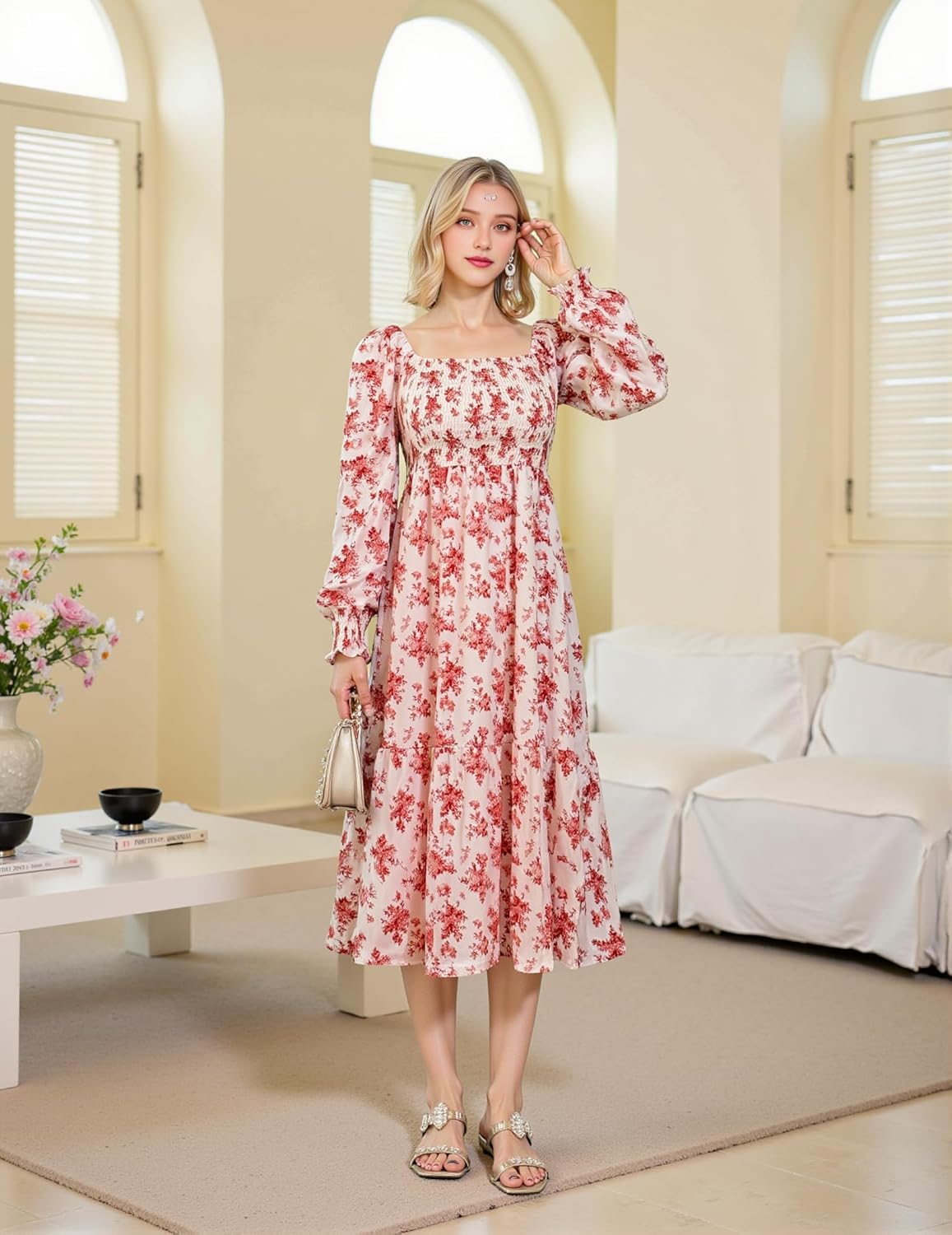 Women's Boho Flowy Long Sleeve Square Neck Floral Midi Dresses Smocked Spring Fall Wedding Guest Dress - Image 5