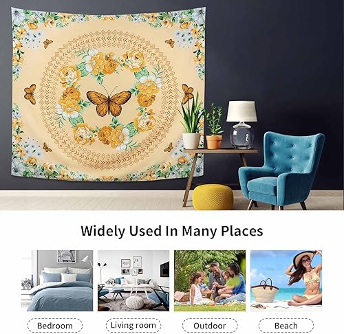 Miniatura 7 de LZV Tapiz de mariposa amarilla para plantas florales para dormitorio, jardín, decoración del hogar con accesorios para colgar en la pared (mariposa