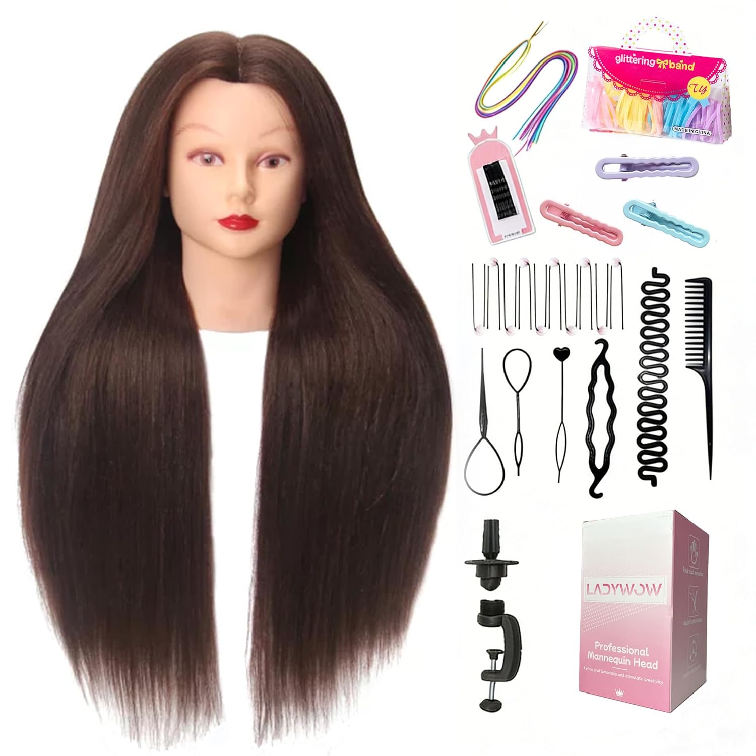 Mannequin Head with 80% Human Hair Face Mannequin Head for Hair styling Practice - Curling, Braiding, Cutting Multiple Hair Colors with Table Clamp Stand for Kids and Professionals 28inch