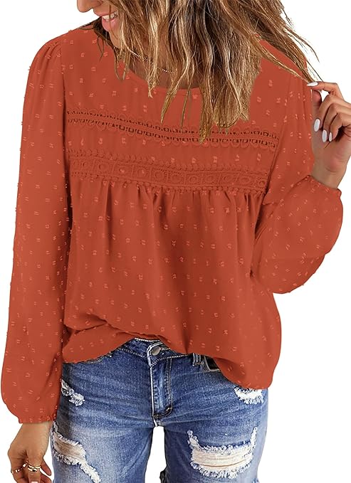 BETTE BOUTIK Womens Boho Fall Long Sleeve Shirts Crewneck Dressy Casual Blouses Trendy Flowy Tops