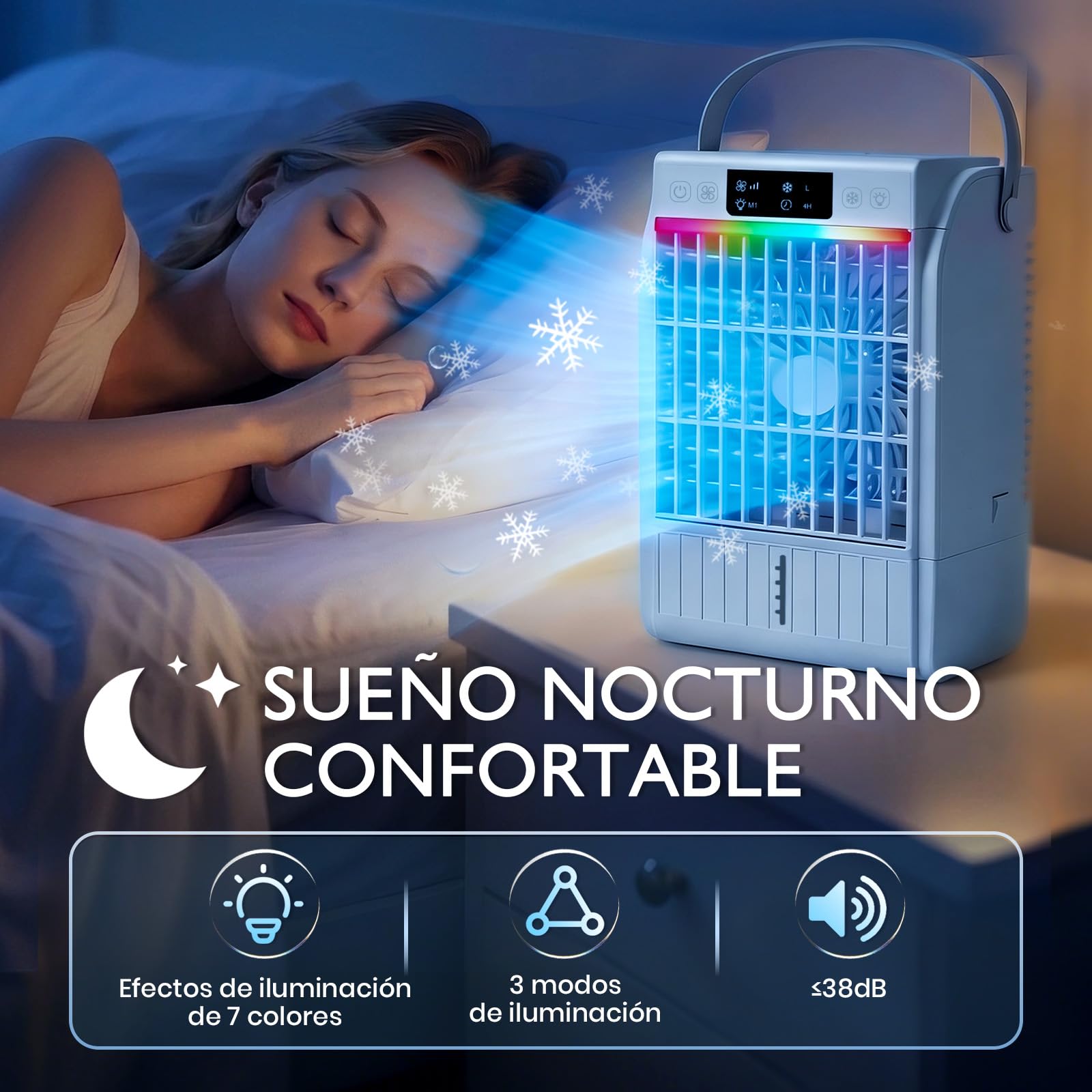 JONRRYIN Aire Acondicionado Portátil Mini, Enfriador de Aire USB 4 en 1 con Tanque 1500ml, 4 Velocidades, 2 Modos de Nebulización, Temporizador, Luz RGB, Climatizador Pequeño para Dormitorio Oficina