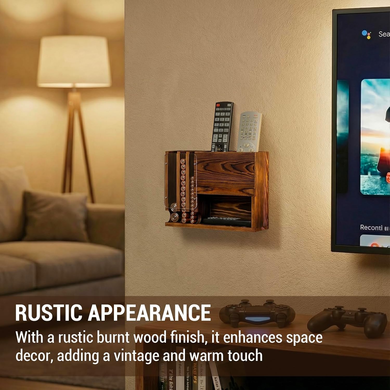 MyGift Wall-Mounted Remote Control Holder with Battery Storage Organizer, 2 Slot TV Remote Caddy, Rustic Burnt Wood, for Office, Home