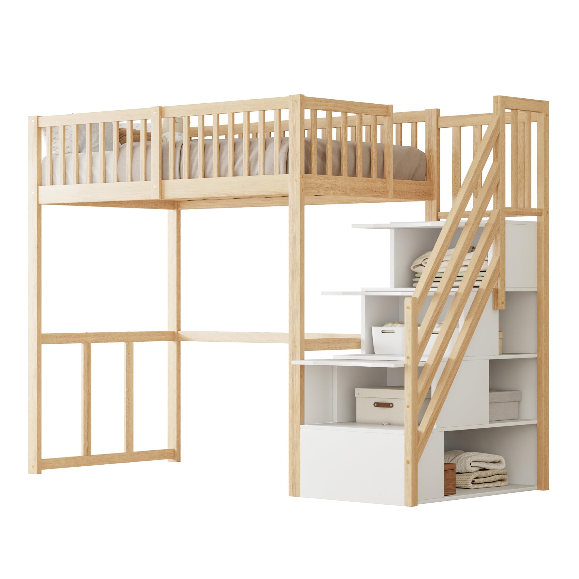 Letto a soppalco per bambini, 90 x 200 cm, con scala di sicurezza e vano portaoggetti, letto per ragazzi in legno di pino massiccio con rete a doghe, letto singolo per la cameretta dei bambini, letto