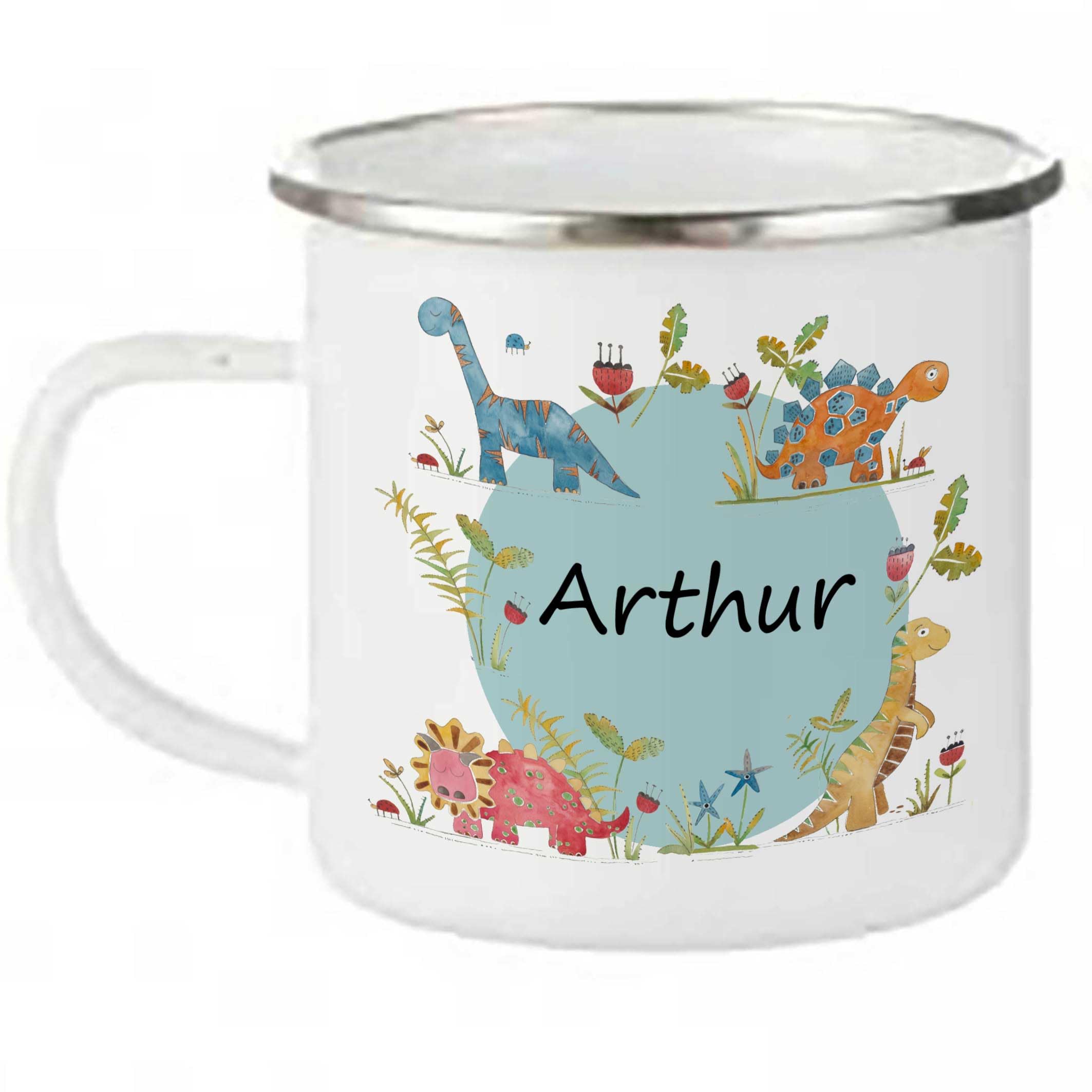 Tigerlilyprints Personalised Dinosaur Camping Mug -Kids Cups-Custom Made Mug- Outdoor Mug Boy Girl Personalised, Tin 11 oz.