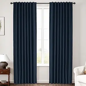 INOVADAY 100% Blackout Curtains 108 Inches Length 2 Panels Set, Back Tab/Rod Pocket Linen Black Out Curtains for Bedroom, Thermal Insulated Window Drapes - Navy Blue, W50 X L108