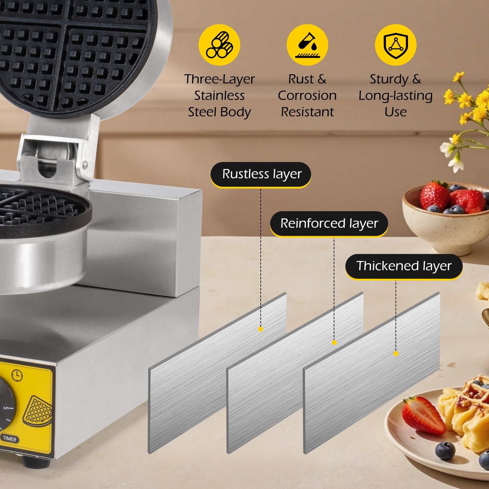 Máquina de gofres comercial de doble cabeza, 2400 W, antiadherente, máquina de gofres comercial de acero inoxidable para restaurantes, máquina de gofres grande comercial 4