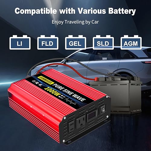 Miniatura 8 de SUNWHEEL Inversor de onda sinusoidal pura de 1000 W, 12 V CC a 110 V120 V CA para RV, fuera de la red, camión con 2 tomas de corriente AC y pantalla