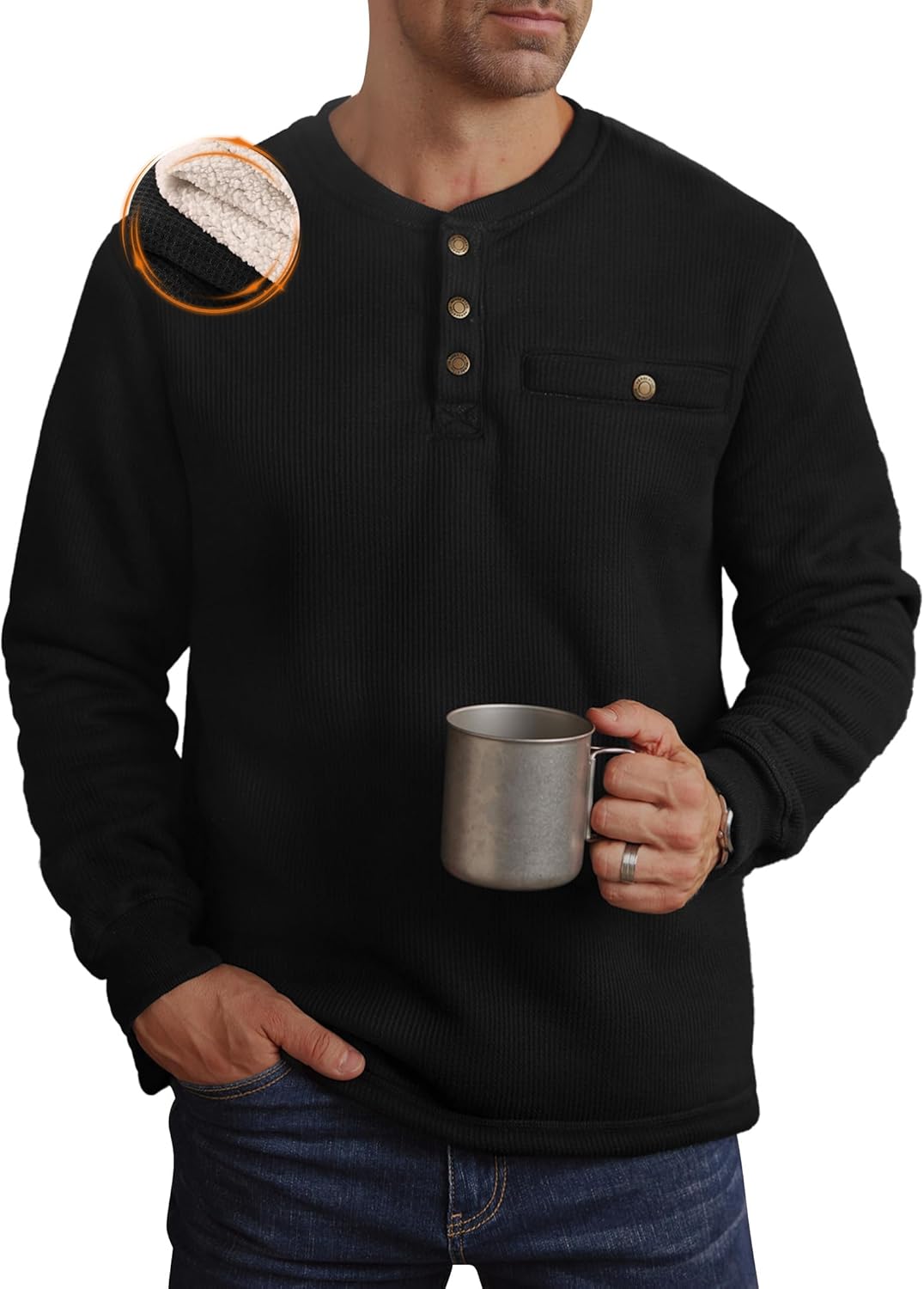 Mens Waffle Sherpa-Lined Henley Shirts Long Sleeve Thermal Pullover Casual Winter Workwear (S-XXL)
