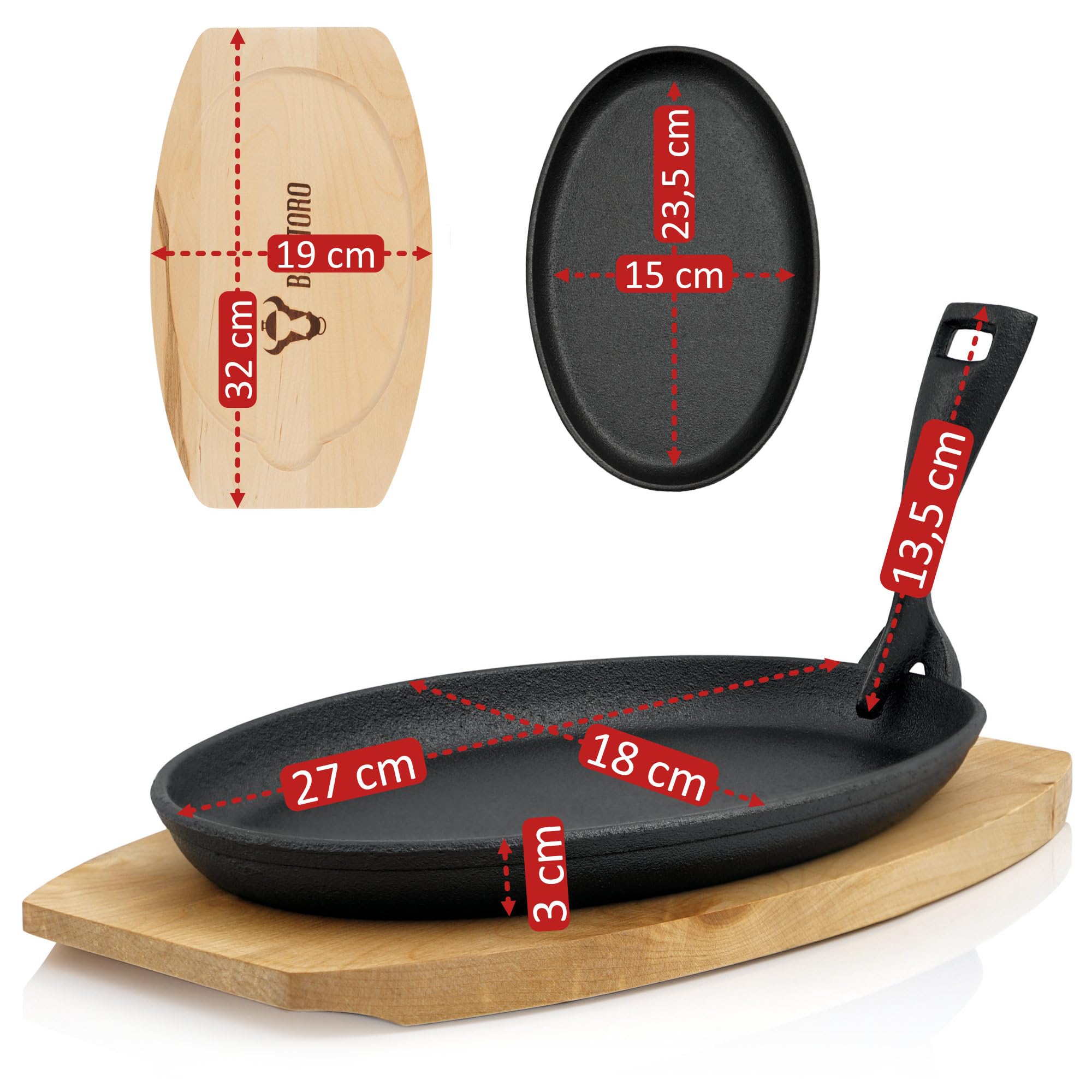 BBQ-Toro Patelnia do serwowania z żeliwa z drewnianym stojakiem (1 sztuka), 27 x 18 x 3 cm, owalna, już wypalana, wstępnie upieczona, patelnia grillowa ze zdejmowanym uchwytem, patelnia żeliwna do