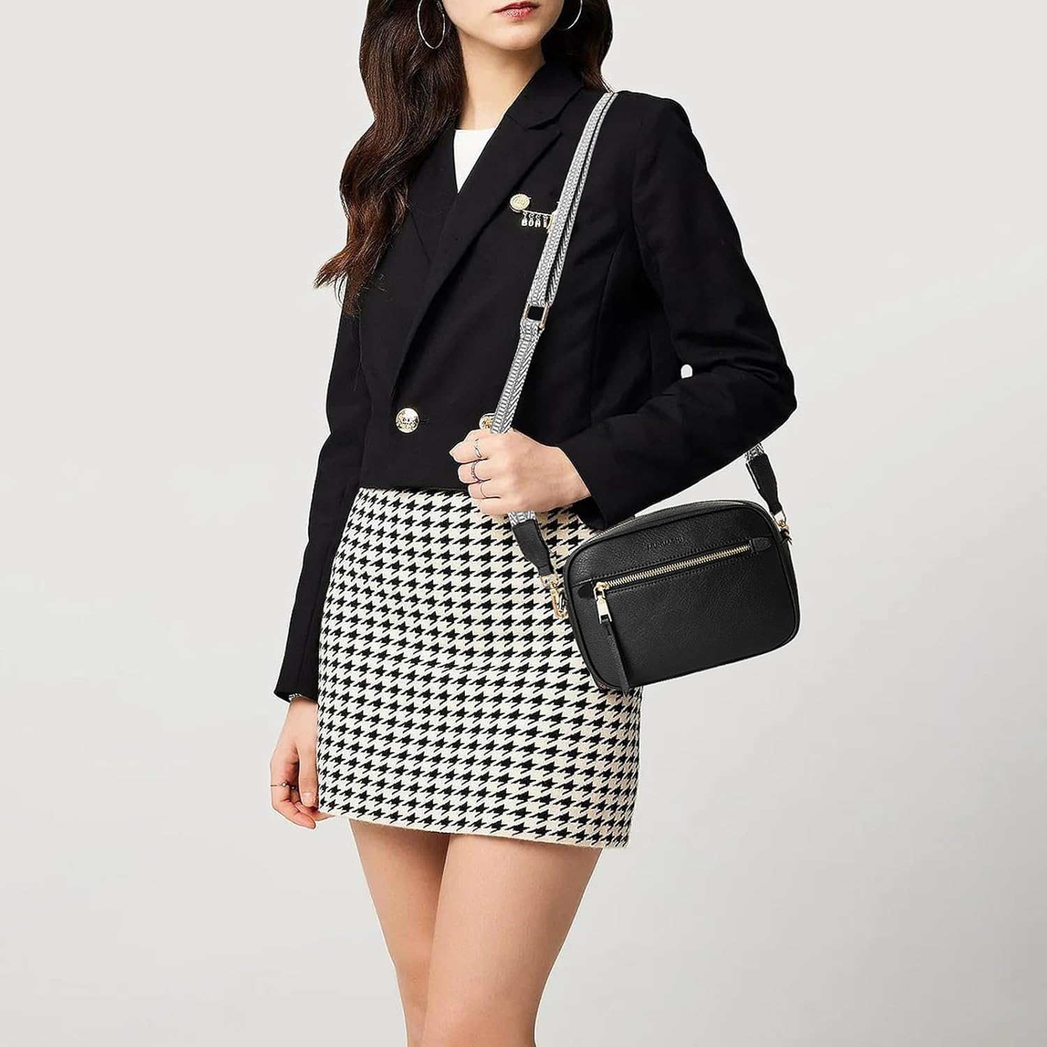 Small Crossbody Bag for Women Triple Pockets Vegan Leather Shoulder Camera Purse with Long Guitar Strap - Image 2