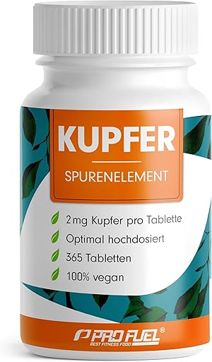 Kupfer Tabletten 365x mit 2 mg Kupfer aus hochwertigem Kupferbisglycinat - optimal hochdosiert - essentielles Spurenelement – laborgeprüft mit Zertifikat - Jahresvorrat - 100% vegan