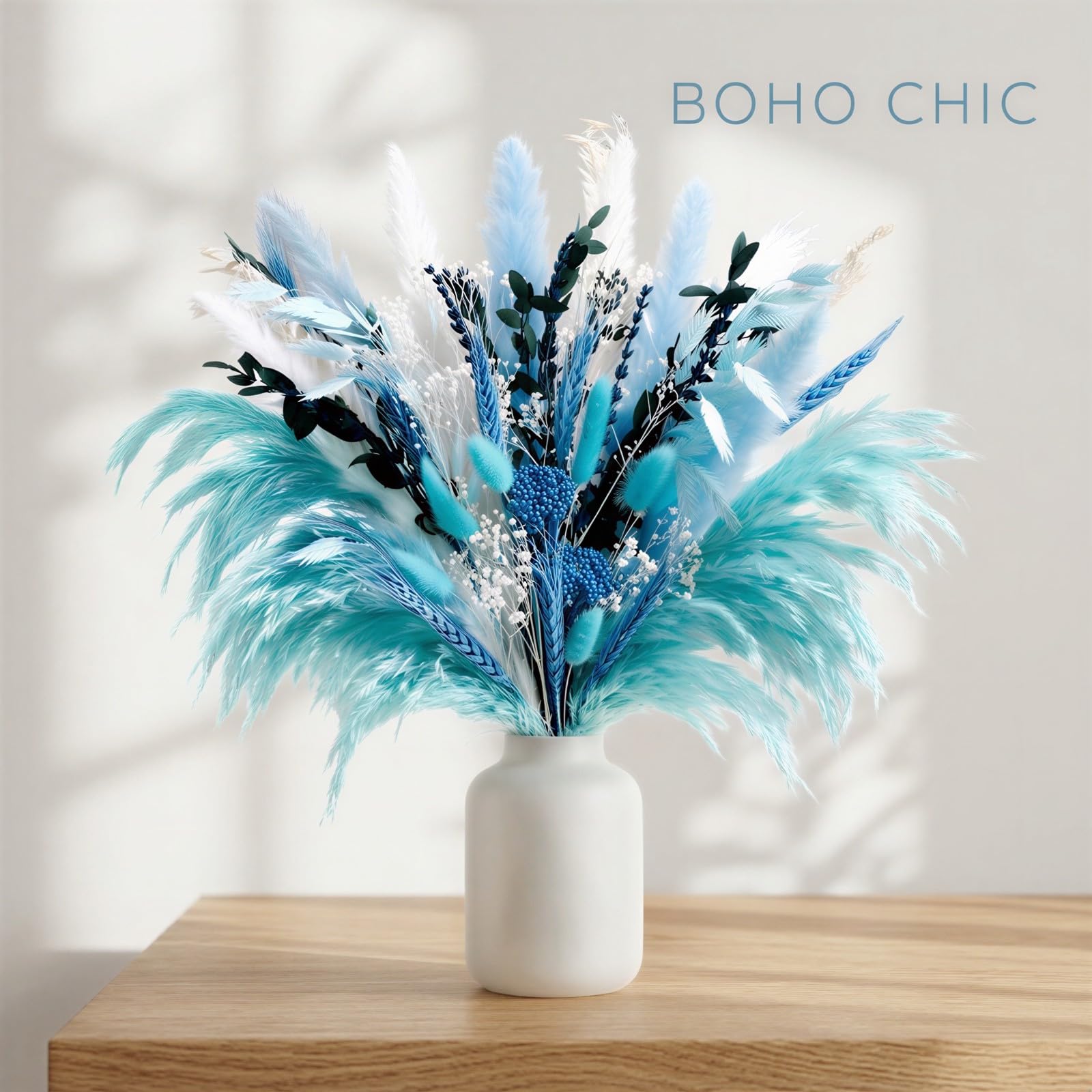 Blue Pampasgras Deko, 45 cm Trockenblumenstrauß aus Pampasgras mit gemischten weißen Blüten, Boho-Stil, natürliches Trockenblumen-Arrangement für Zuhause, Büro, Hochzeit und Landhaus-Tischdeko