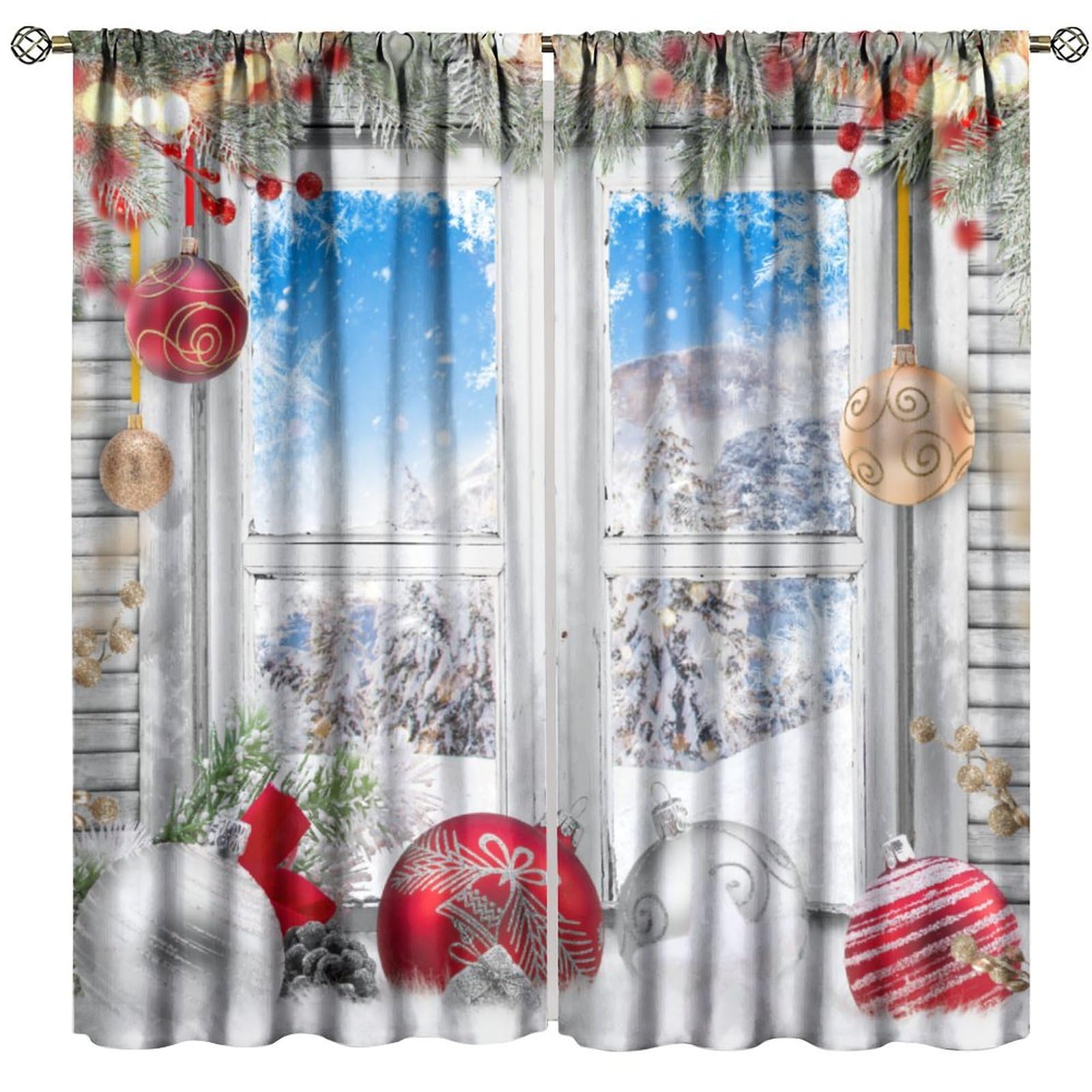 TFOSO Christmas Curtains, Old White Windows Winter Christmas Atmosphere, Bedroom Living Room Kitchen Decor Curtains Window Treatment 2 Panels Set