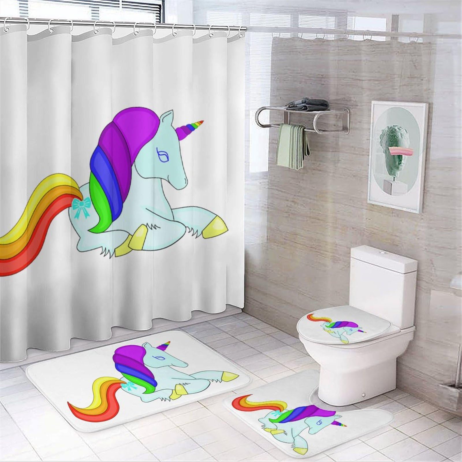JZemdybill Bathroom Mat Set 4 Piece, Unicorn Rainbow Cute Shower Curtain with Non-Slip Bath Mats for Bathroom
