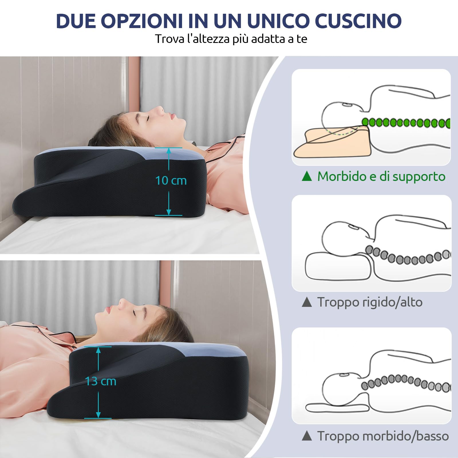 DONAMA Almohada cervical para dormir, cojín cervical ergonómico para dormir de lado, espalda y boca abajo con funda de almohada extraíble y lavable (azul y negro, 66 x 37 x 13 cm)