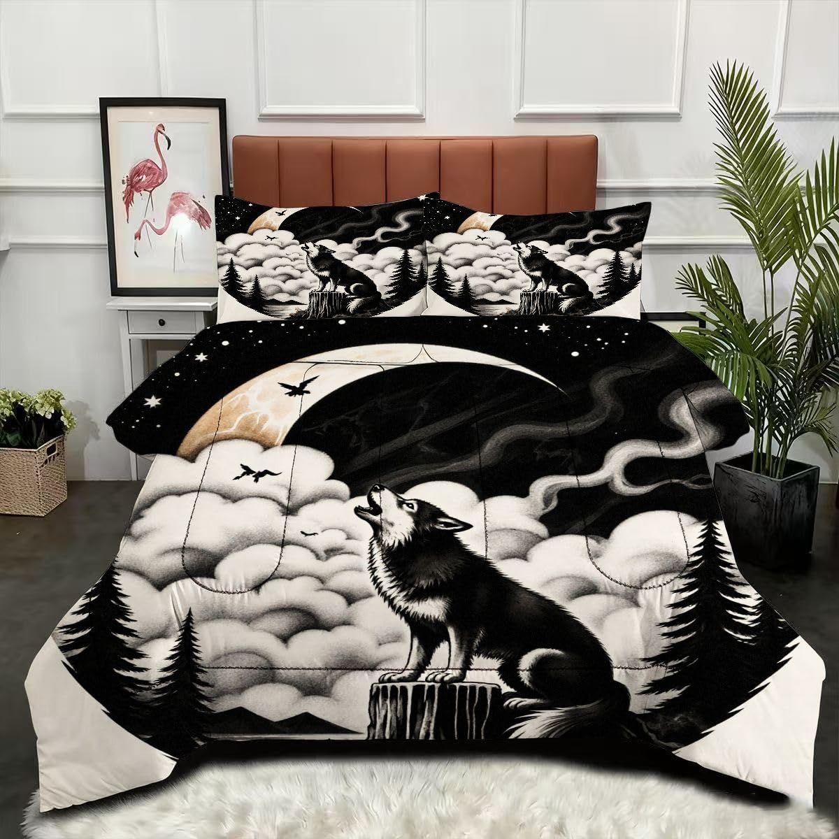 Couette loup 220x240 cm réversible : parure de lit moderne anti-froid 2 places