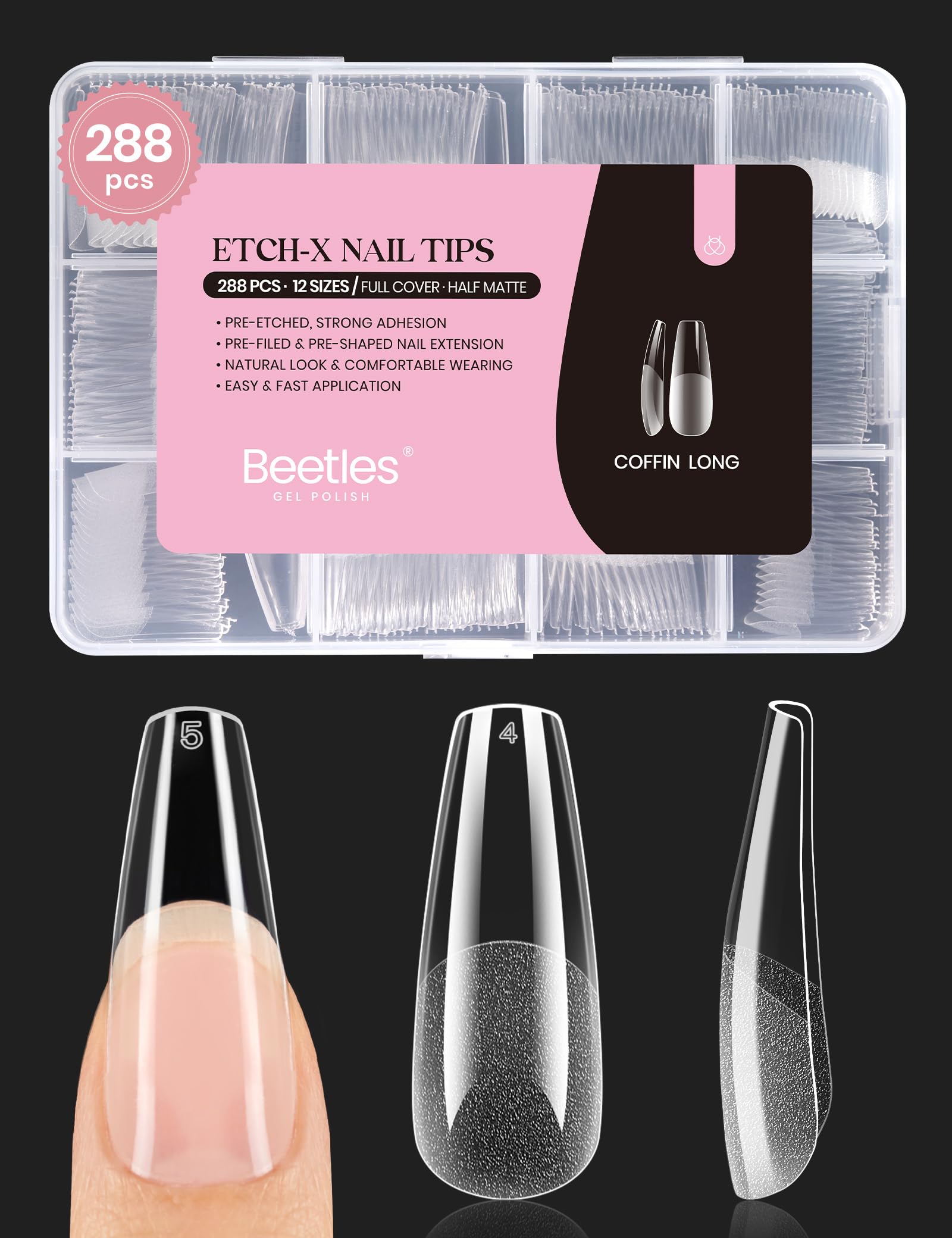 Beetles Coffin Long Gel Nail Tips –Pre-Etched Half Matte Full Cover, 288 Pieces, Pre-Shaped in 12 Sizes for Press-On Extensions
