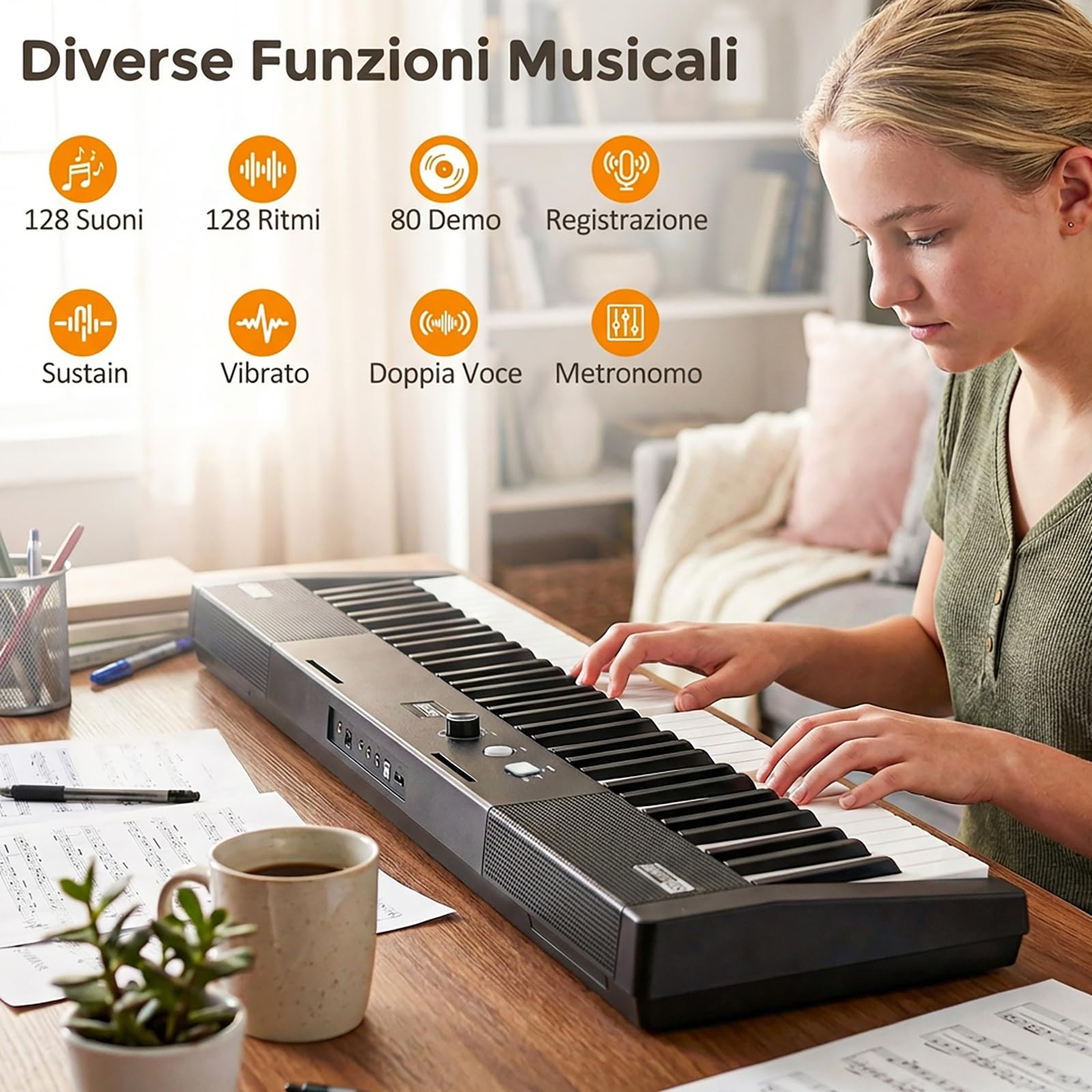 COSTWAY Tastiera Pianoforte a 61 Tasti, Set Pianoforte Elettrica con Supporto e Sgabello Regolabili, 128 Ritmi & 128 Toni e 80 Demo, Strumento Musicale per Bambini, Adolescenti e Adulti