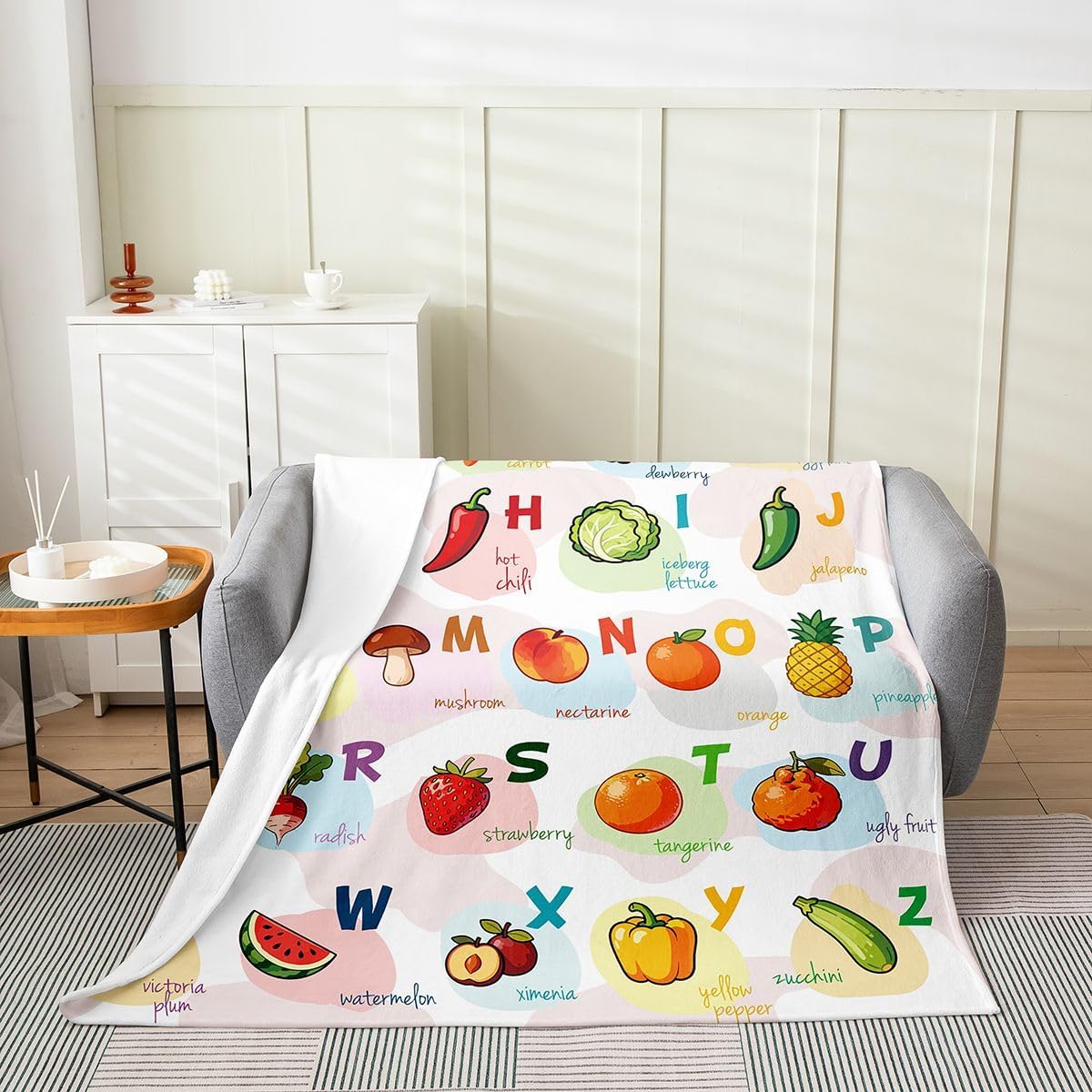 Toddlers ABC Plush Throw Blanket, Twin 60"x80" Kids ABC Alphabet Flannel Fleece Blanket for Boys Teens Vegetables and Fruits All Season,Bed Blanket Breathable Kawaii Cute Room Decor Quilt Cover
