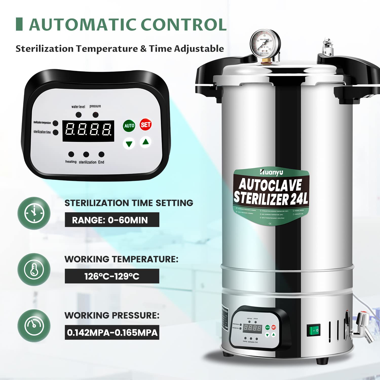 Huanyu 24L Autoclave Sterilizzatore Automatico a Vapore Controllo intelligente Laboratorio Autoclavi Elettriche Temperatura e Tempo Sterilizzatore a Vapore ad Alta Pressione Regolabile