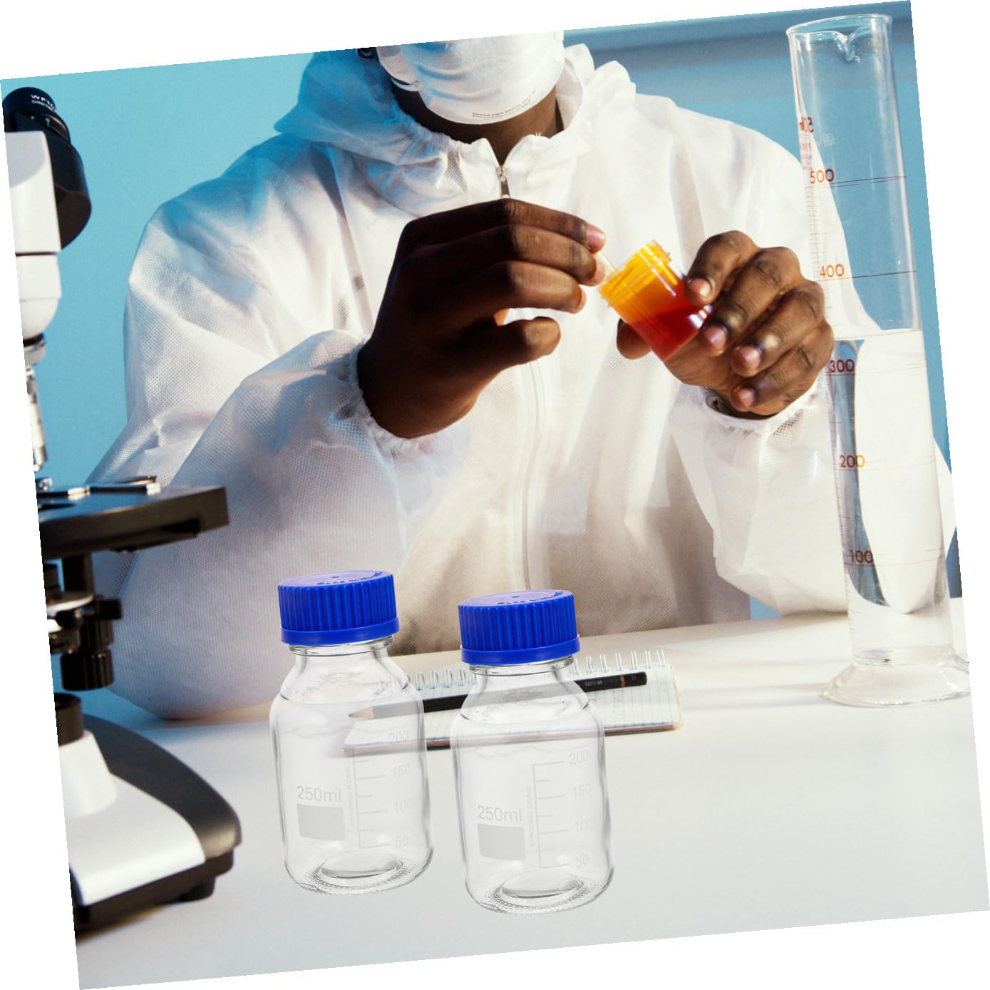 Alipis Confezione 4 Pezzi Bottiglie di Reagente in Vetro da 250ml con Tappi a Vite Blu, Design Graduato Lavabile per Istituti Chimici e Laboratori