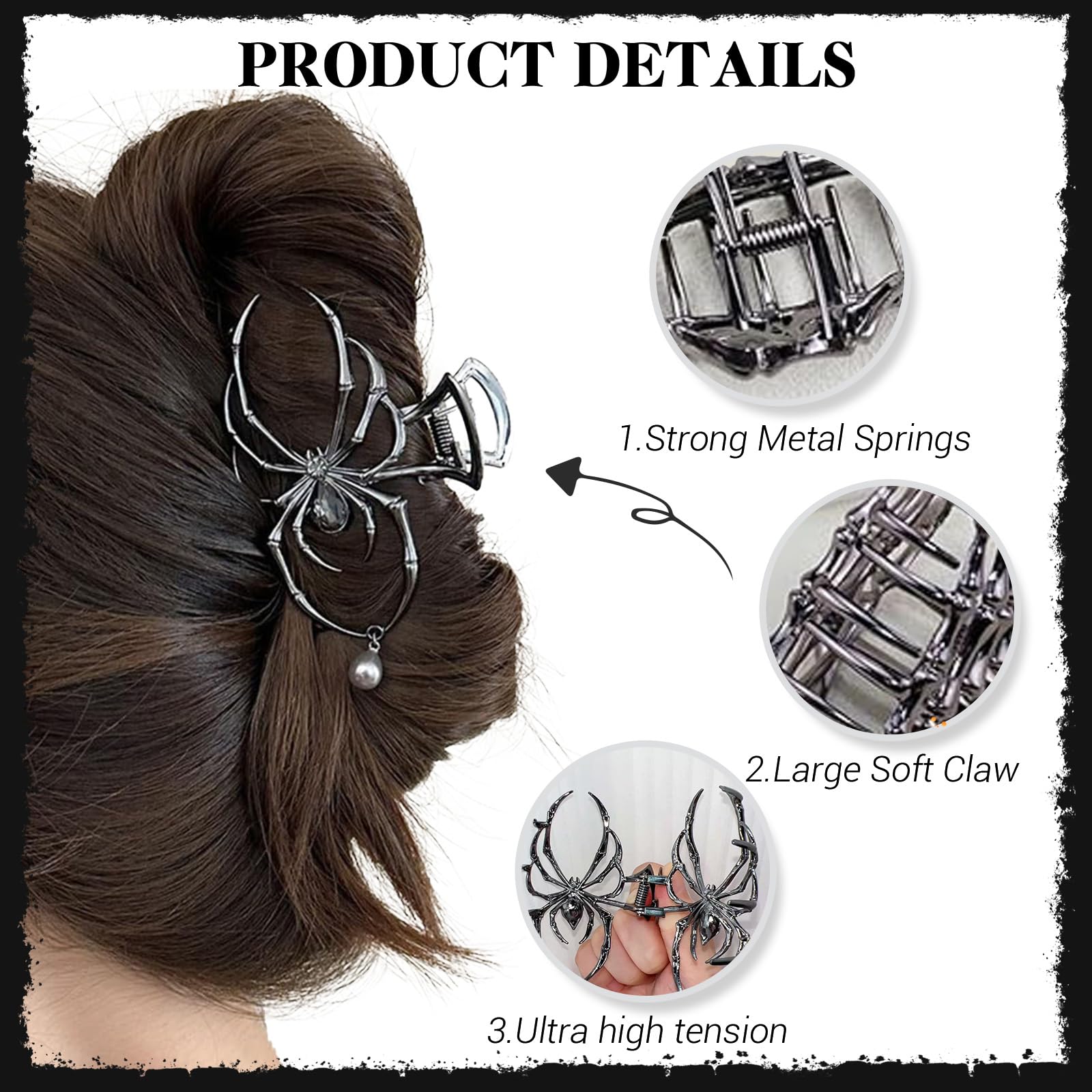 Xanthelle Claw Clip, Set of 4 Gothic Halloween Metal Hair Clips, Spider Bat Ghost Hand Web, Y2K Grunge Hair Accessories - Image 3